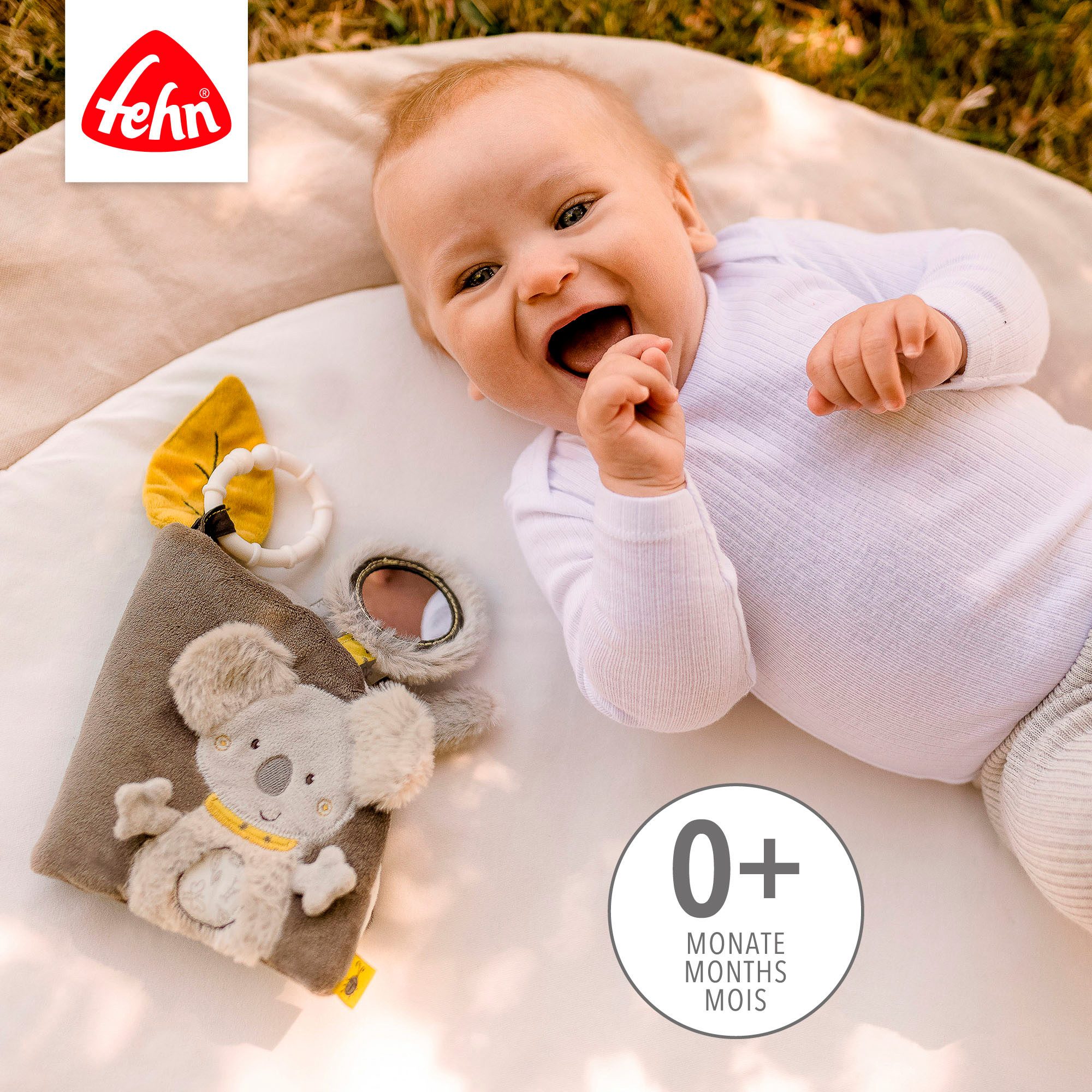 Fehn Grijpspeeltje Australië, stoffenboek met ring ter bevestiging aan kinderwagen, babyzitje of bed