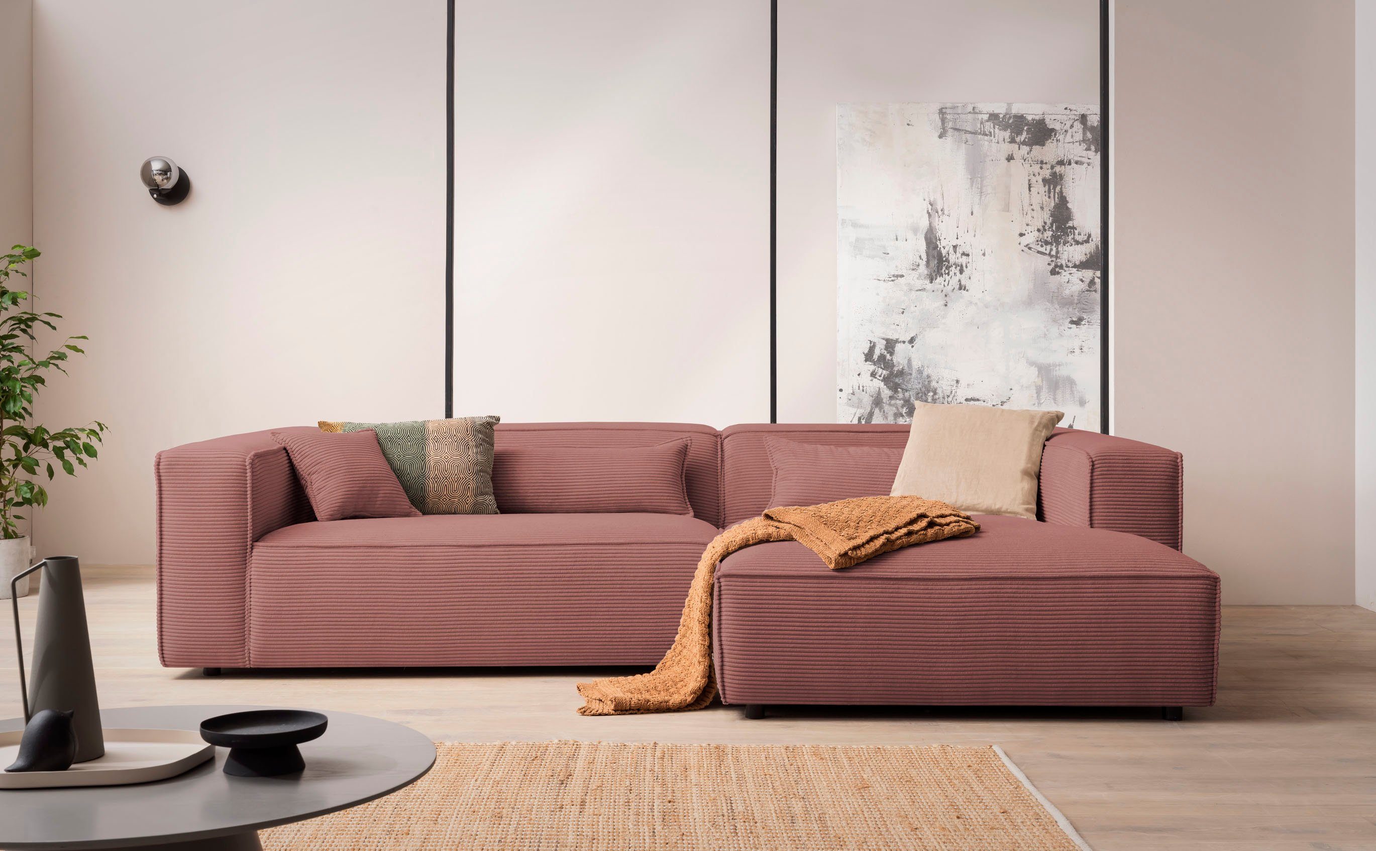 LeGer Home by Lena Gercke Hoekbank PIARA XXL, Big-Sofa, Cord, Leinenoptik o. Strukturstoff, L-Form keuze ottomaan rechts/links, zwarte voeten, extra diepe zitting