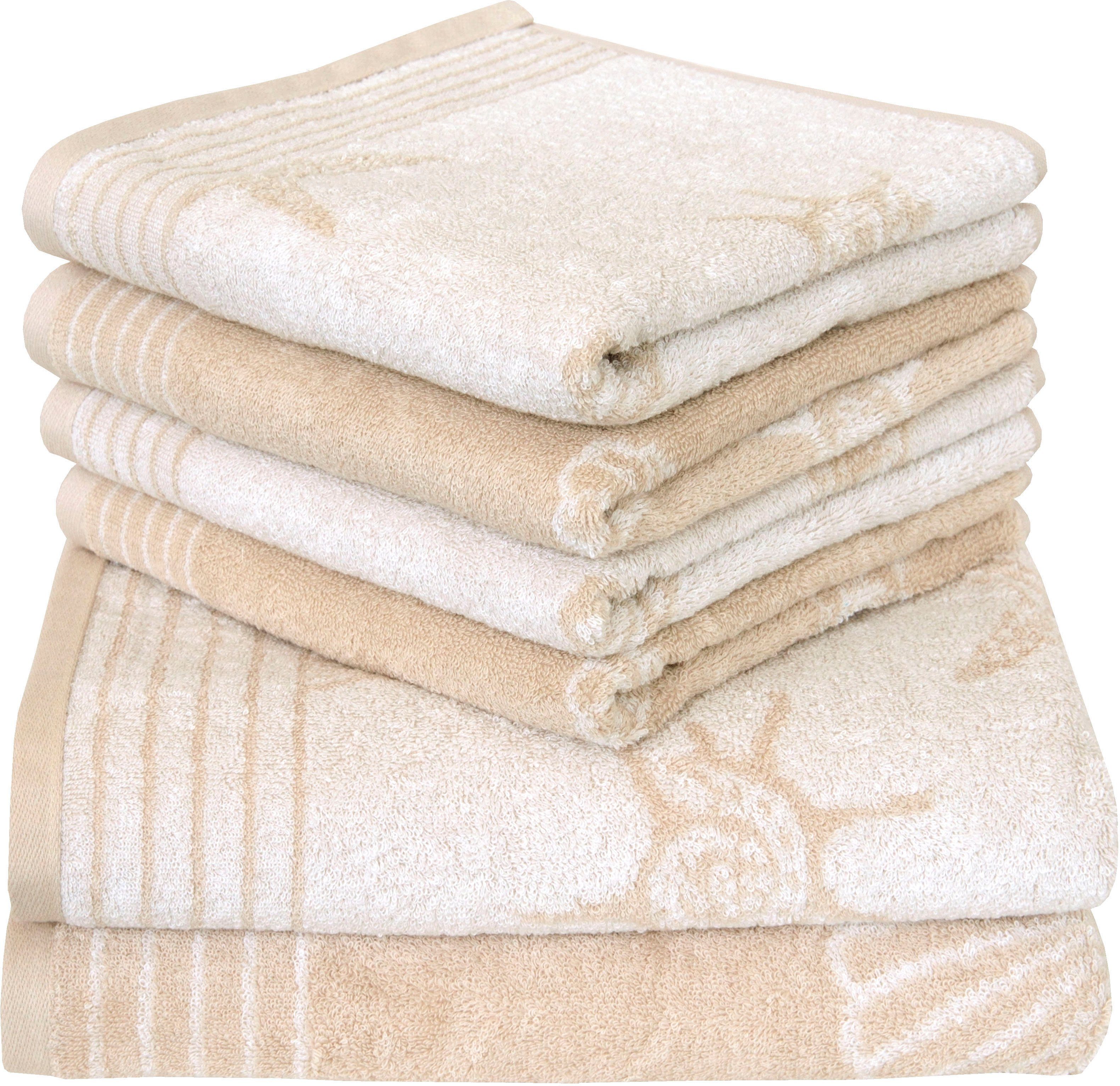 Dyckhoff Handdoekenset Seashell met schelpenpatroon, 4 handdoeken (50x100cm), 2 douchehanddoeken (70x140cm) (set, 6-delig) handdoeken beige