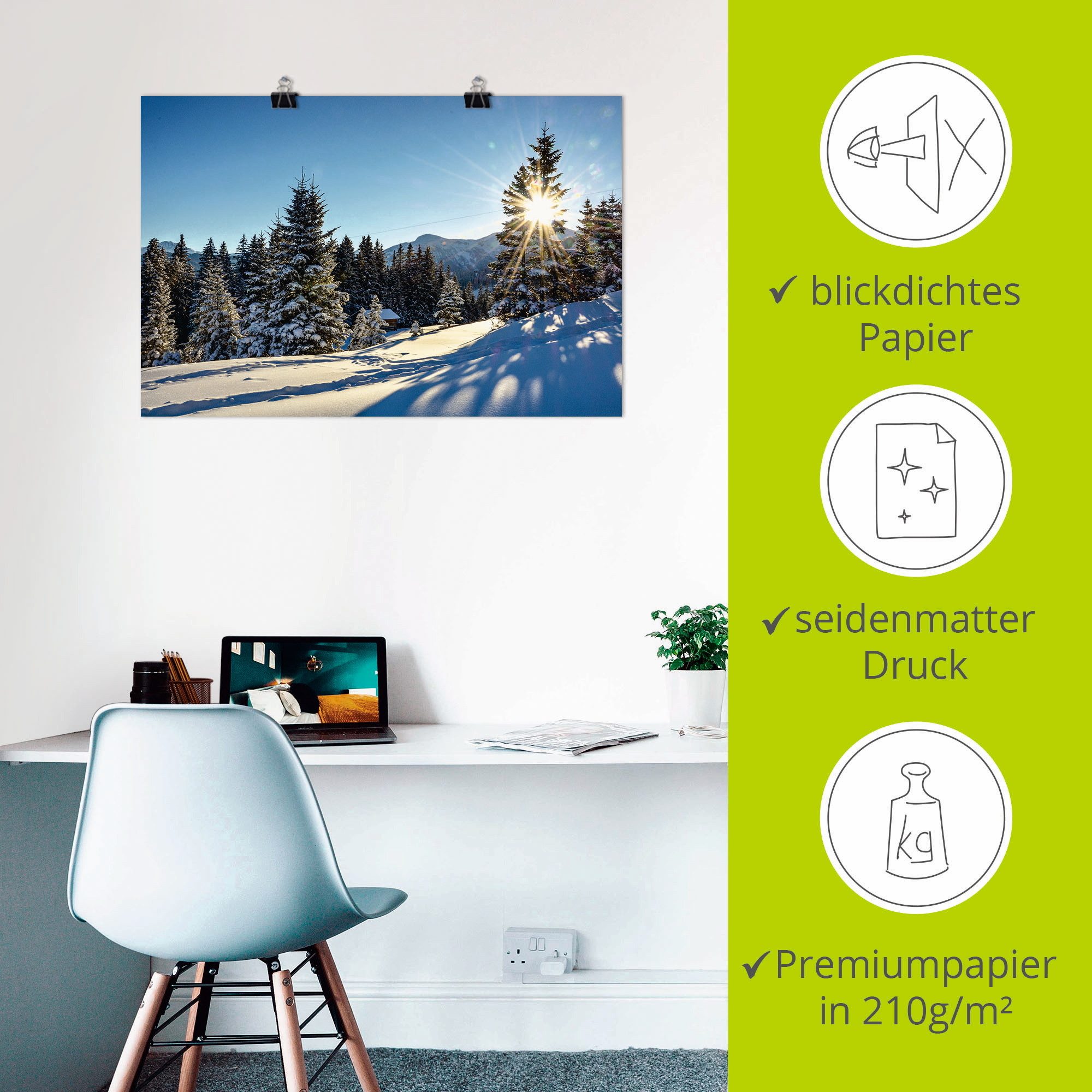 Artland Poster Winterlandschap met zonnester als artprint van aluminium, artprint op linnen, muursticker of poster in verschillende maten
