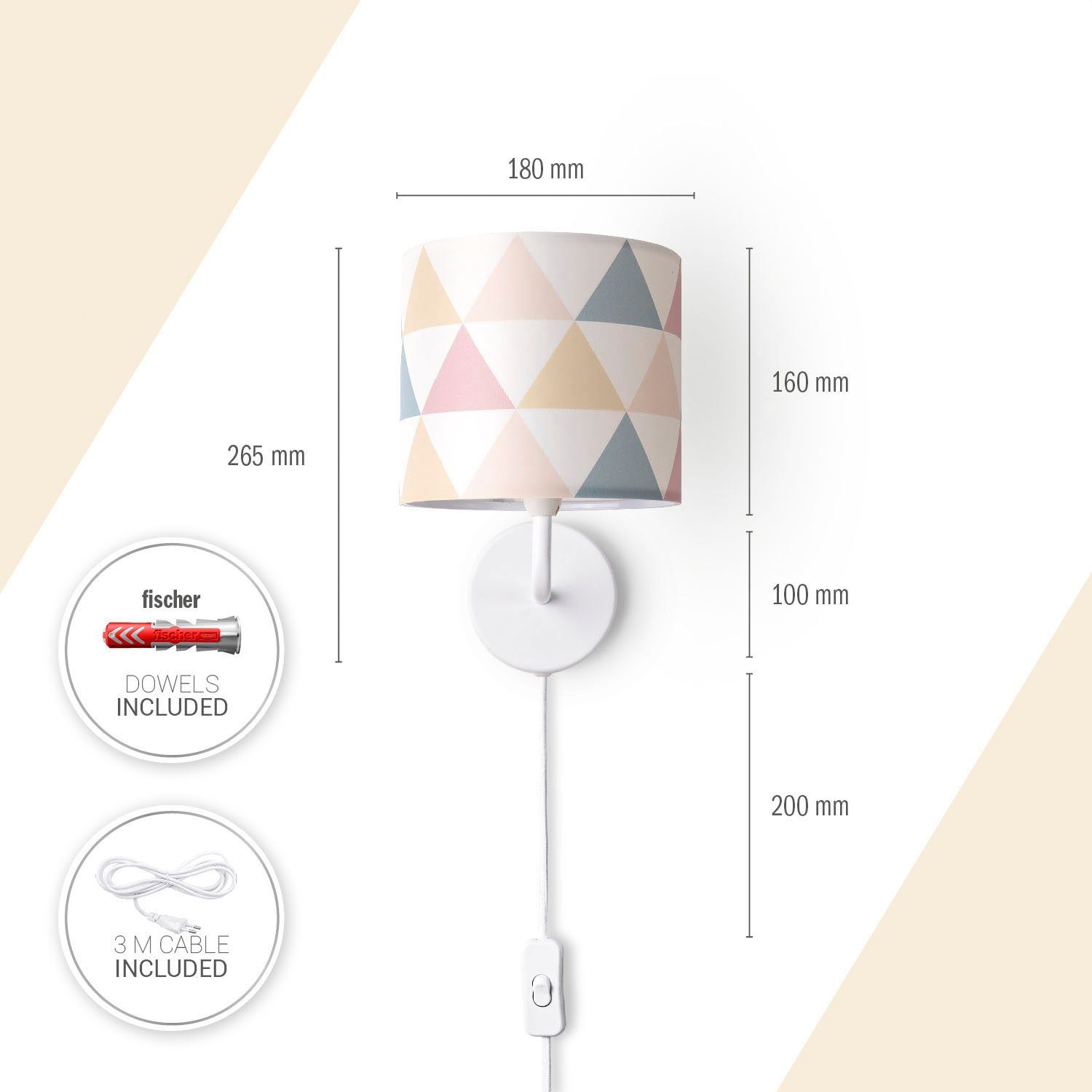 Paco Home Wandlamp Luca Delta Wandlamp lampenkap stof wandlamp driehoek kleurig textielkap E14