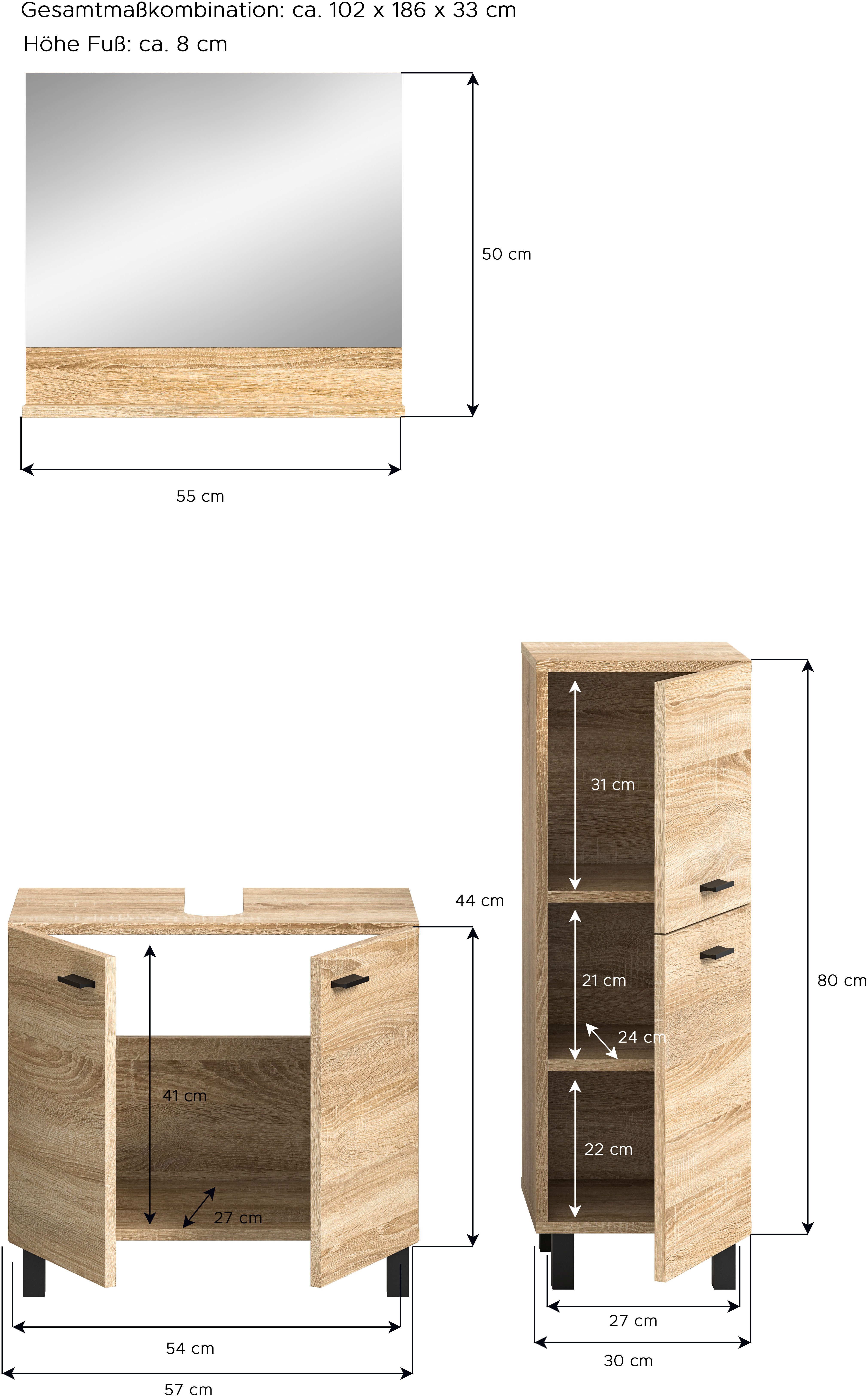 welltime Badmeubelset Tampa, breedte 102cm, 3-delig Wastafelonderkast, spiegel, halfhoge kast (3 stuks)
