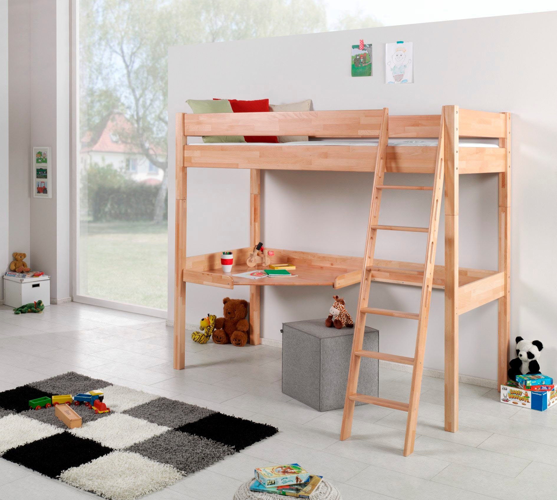 Relita Hoogslaper Renate incl. oprolbare lattenbodem, bureau en ladder, massief beuken hoogslapers beige