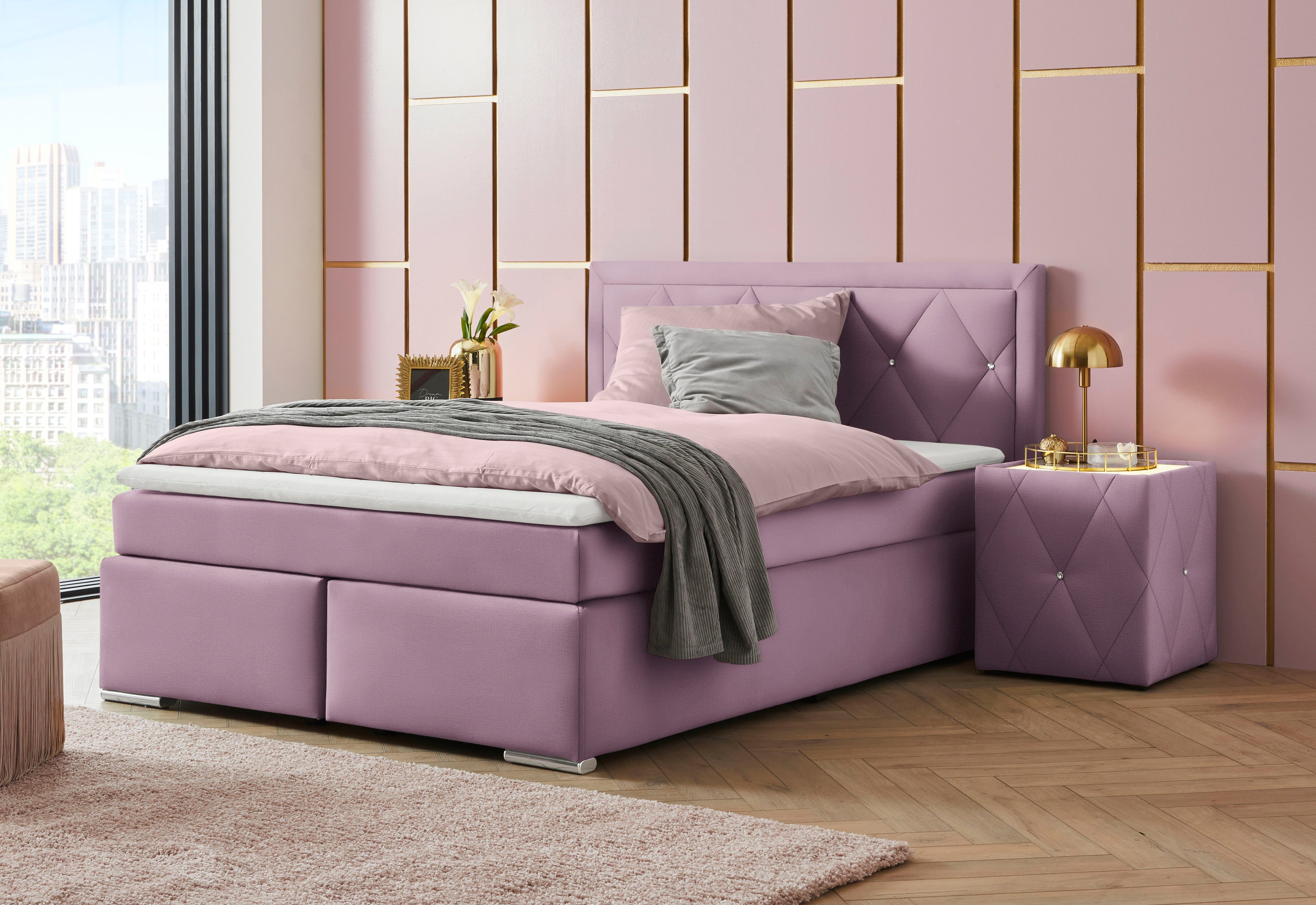 Leonique Boxspring Alfie, bestseller, optioneel met bedlade met strassteentjes in het hoofdbord, h2, h3 en h4 ter keuze boxsprings roze