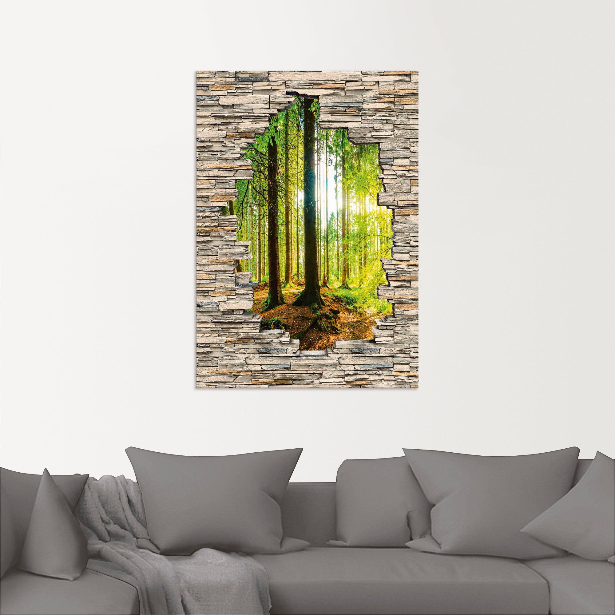 Artland Artprint Bos met stenen muur met uitzicht op de kreek als artprint van aluminium, artprint voor buiten, poster, muursticker in diverse maten formaten