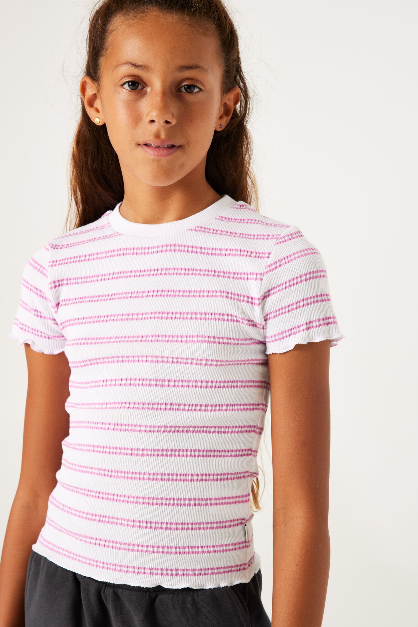 Garcia gestreept T-shirt wit roze Meisjes Stretchkatoen Ronde hals Streep 164 170