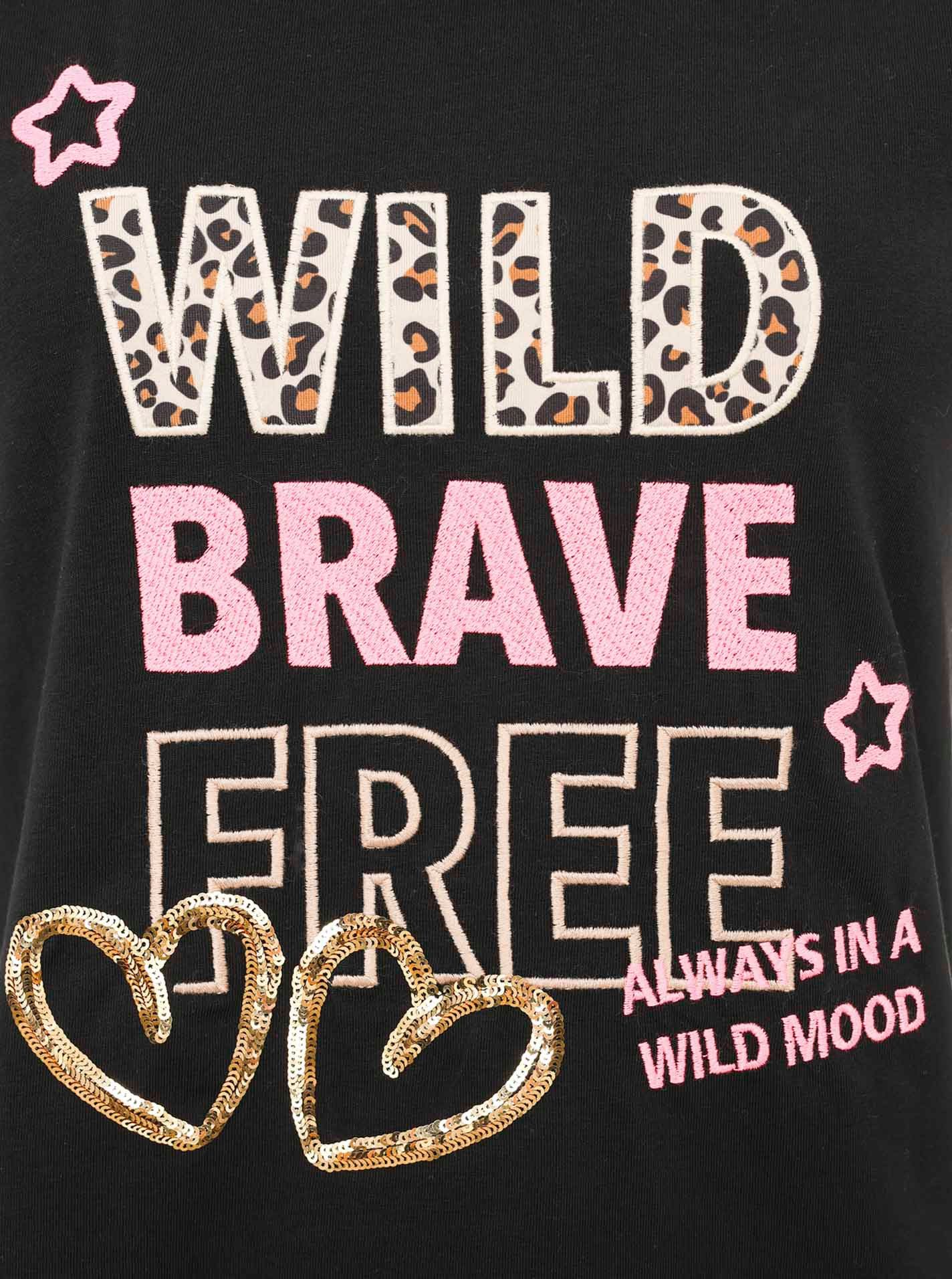 Zwillingsherz T-shirt Wild Brave Free met pailletten harten, borduursel en leo-details