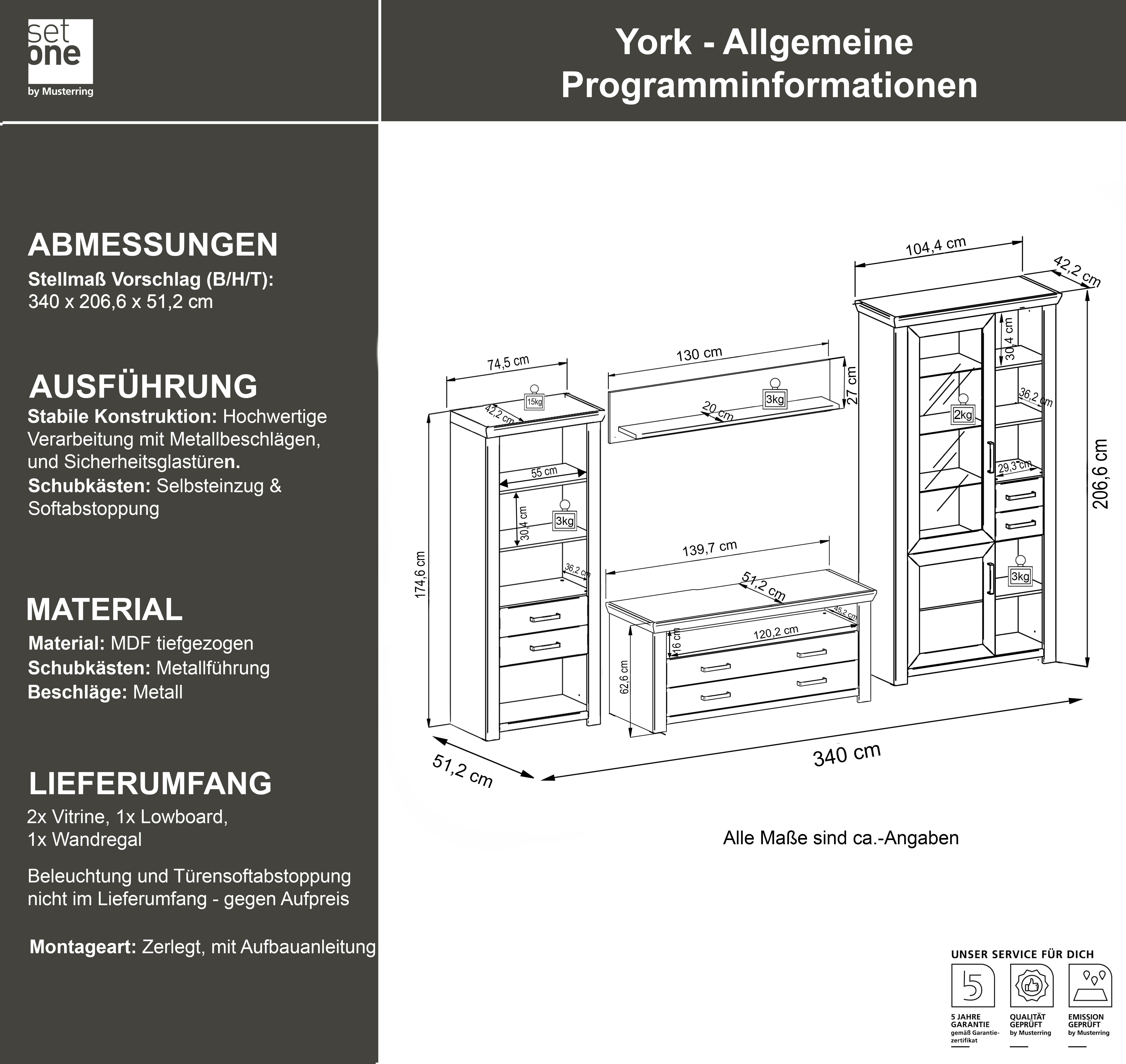 set one by Musterring Wandmeubel York Combinatie met 4 delen, in 3 kleurvarianten, totale breedte 340 cm (4-delig)