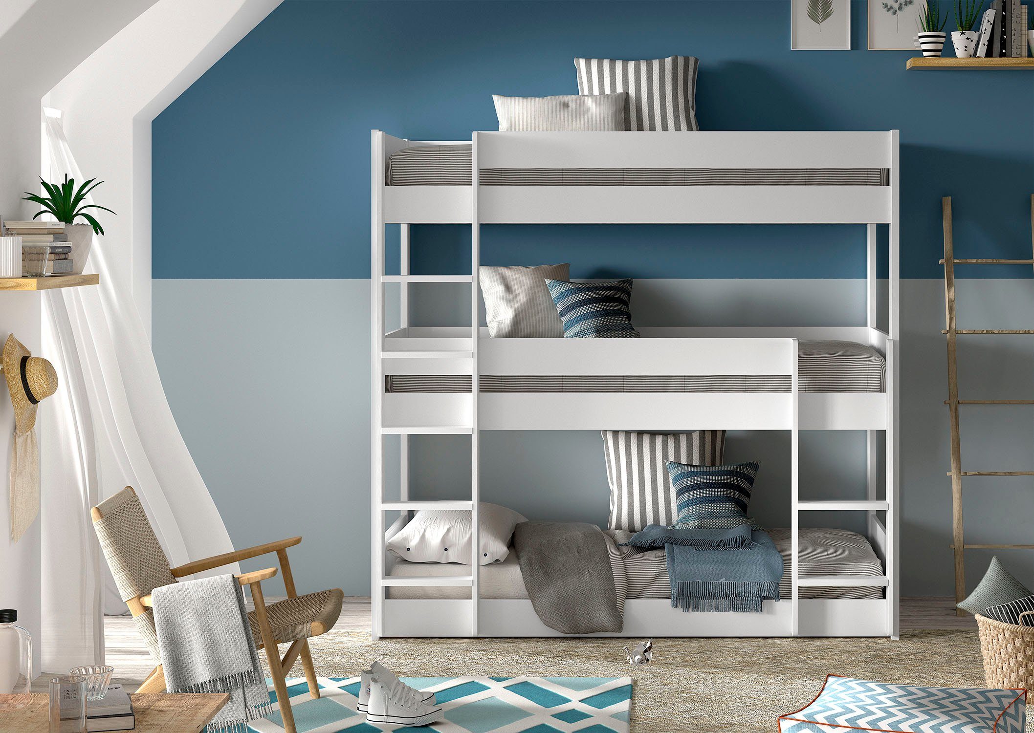 Vipack Stapelbed met 3 lf à 90x200 cm en rolbodem, stabiel gebouwd, massief grenen wit