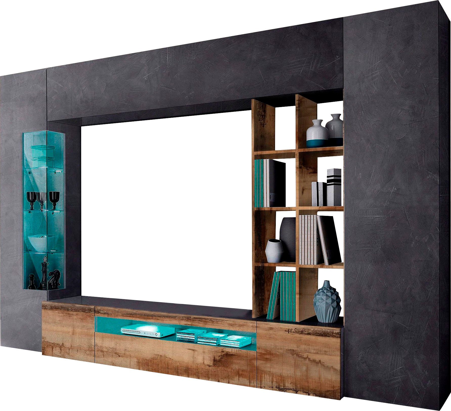 INOSIGN Wandmeubel New Egypt, wandmeubel, mediameubel, woonkamerwand 2 kleppen, 2 kleine deuren, 2 grote deuren, rekopbouw breedte 290 hoogte 191
