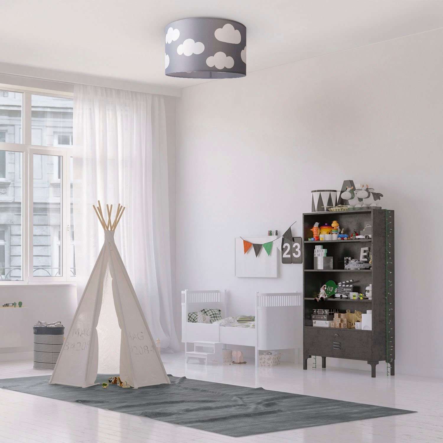 Paco Home Plafondlamp Hugo Cosmo Plafondlamp kinderkamer kinderlamp wolk stofscherm rond E27