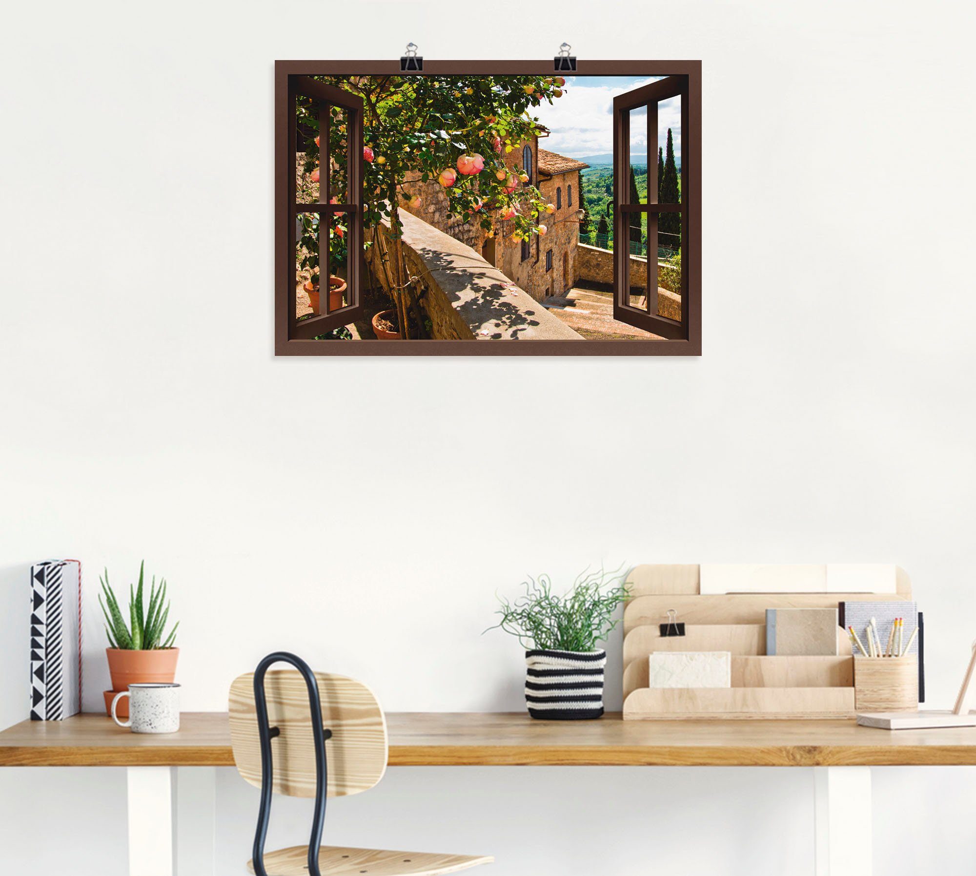 Artland Artprint Blik uit het venster rozen op balkon Toscane als artprint van aluminium, artprint voor buiten, artprint op linnen, poster, muursticker