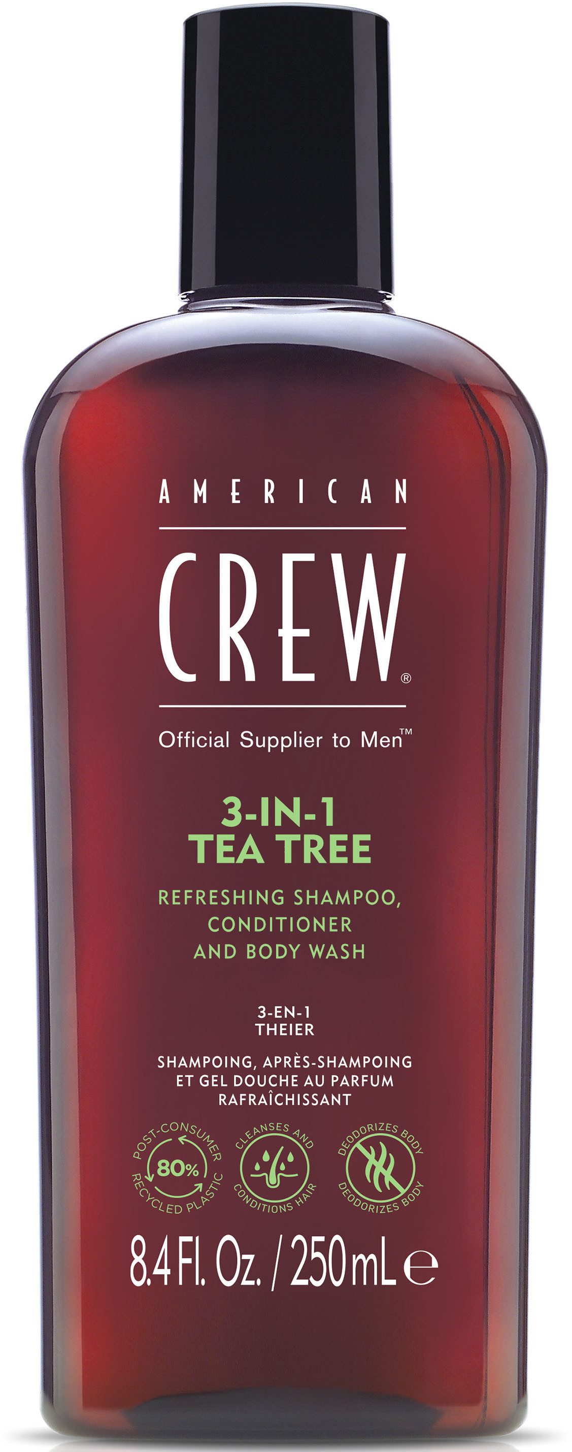 American Crew Haarshampoo 3-in-1 Tea Tree shampoo. Conditioner & body wash 250 ml (1-delig)