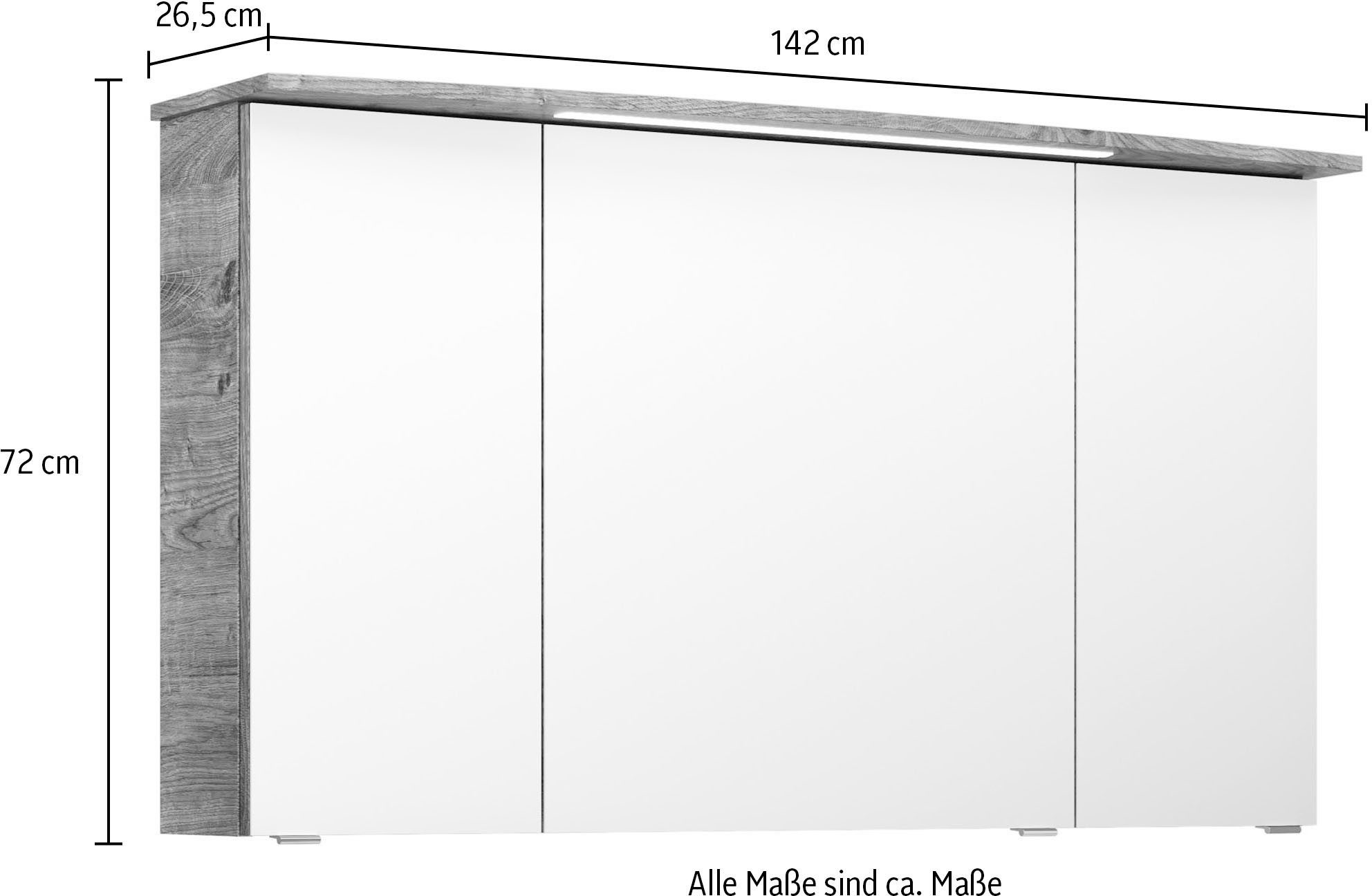 Saphir Badkamerspiegelkast Serie 4010 badkamer spiegelkast incl. LED-verlichting in krans Badkast 142 cm breed, 3 deuren, 6 glazen legplanken, incl. deurdemper