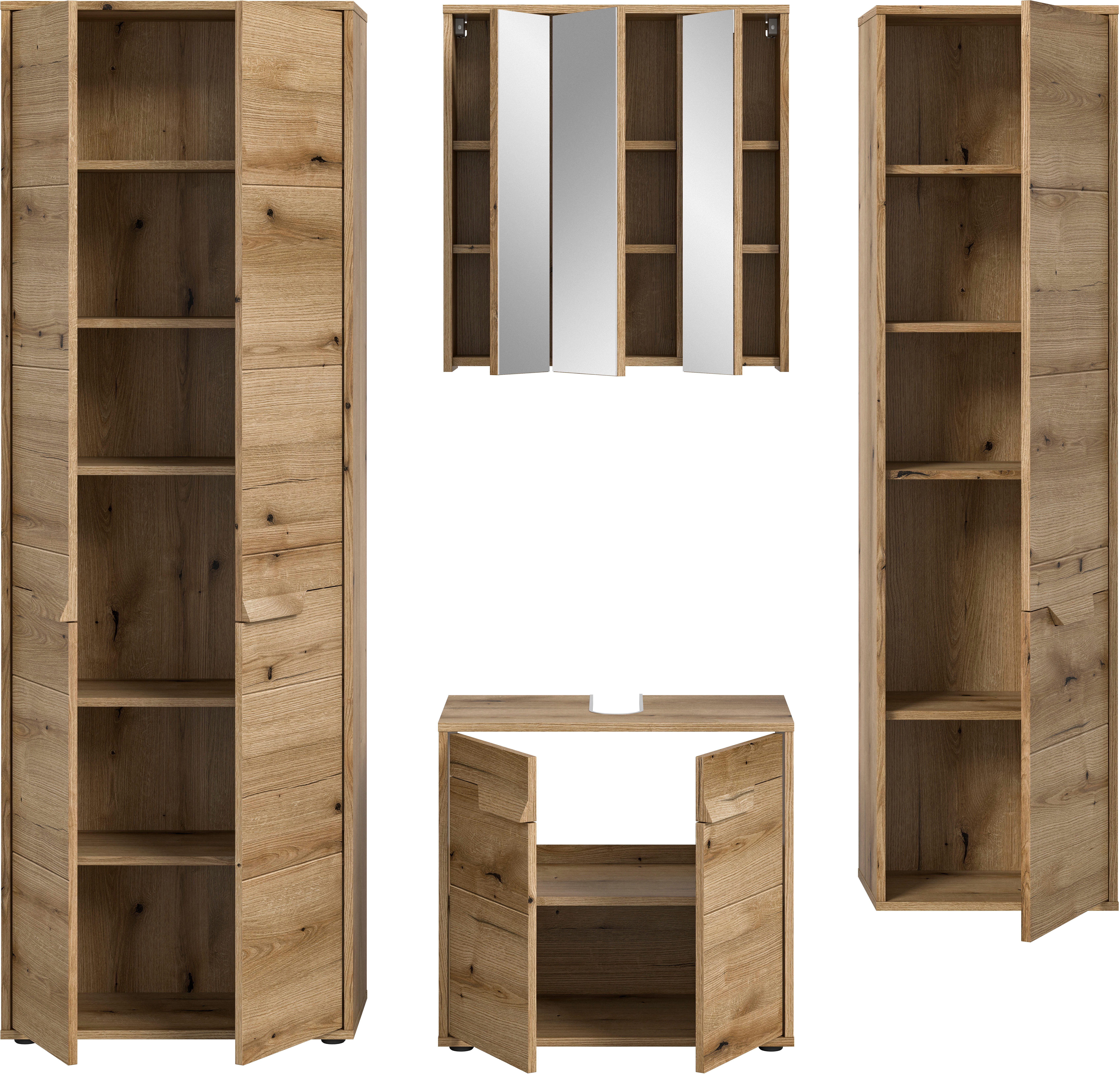 welltime Badmeubelset Kayu, bestaande uit: 2 hoge kasten, wastafelonderkast Spiegelschrank, hoogwaardige MDF front met groeffrasing, badkamer, badkamer set
