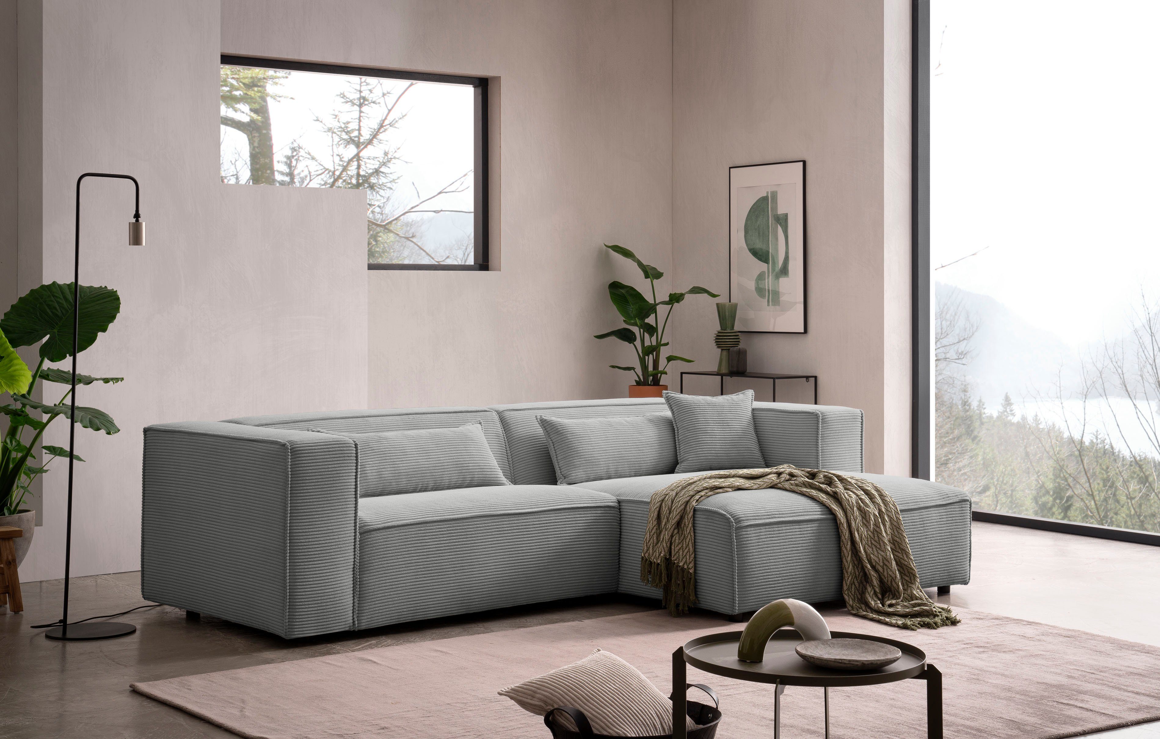LeGer Home by Lena Gercke Hoekbank PIARA met biesnaad in cord of linnenlook, moderne bank in L-vorm keuze ottomaan rechts/links, zwarte voeten, comfortabel zitcomfort