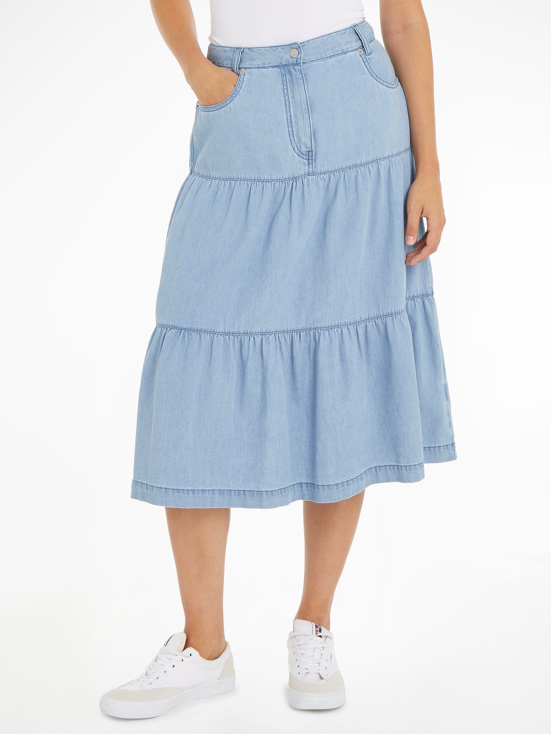TOMMY JEANS rok TJW CHAMBRAY TIERED MIDI SKIRT