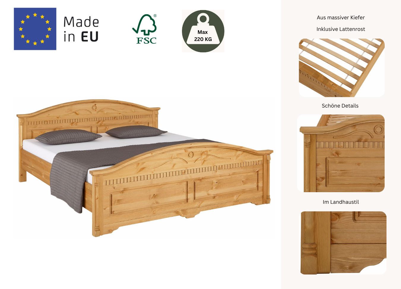Home affaire Massief houten ledikant Graz, hoge belasting, klassieke landelijke stijl, FSC® gecertificeerd