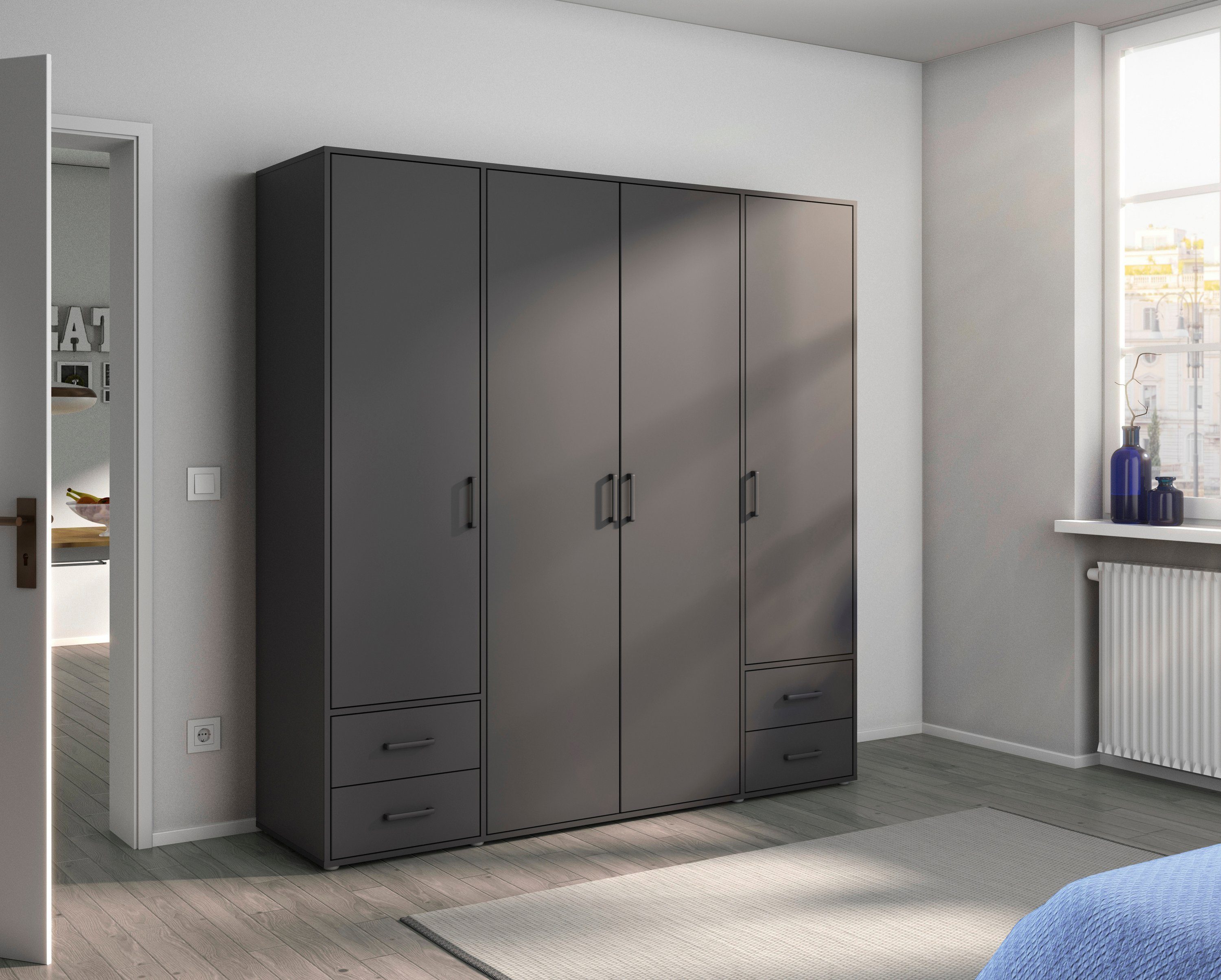 rauch Draaideurkast Kledingkast kast garderobe linnenkast VOYAGER moderne grepen in grijs metallic met buitenlades made in germany