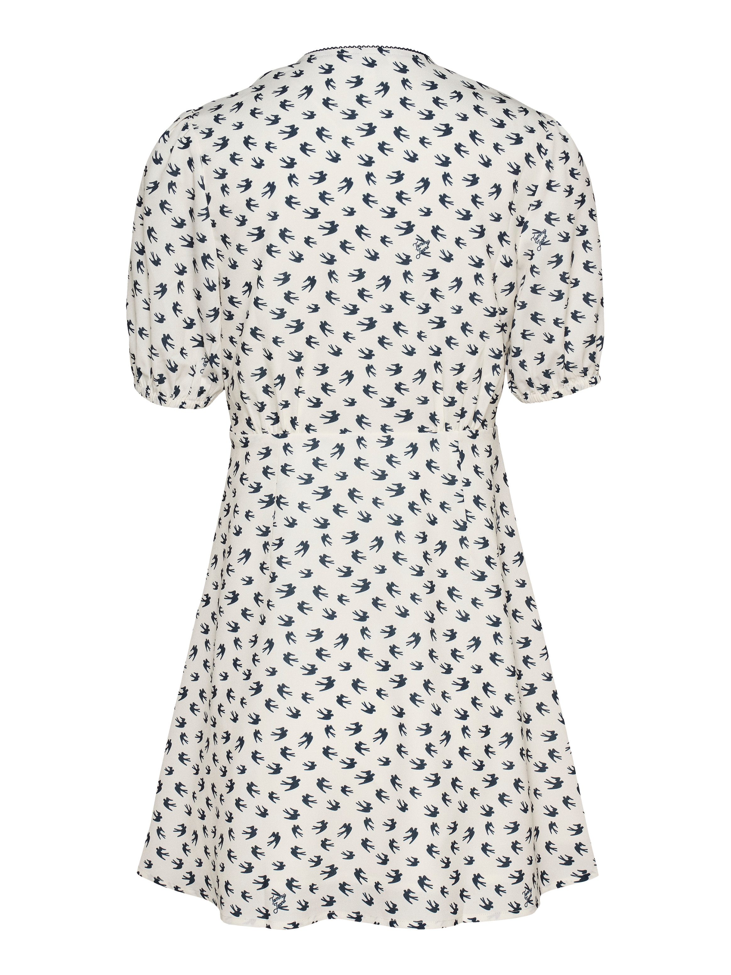 TOMMY JEANS Mini-jurk TJW SS CREPE MINI DRESS met strikdetail, vogelpatroon