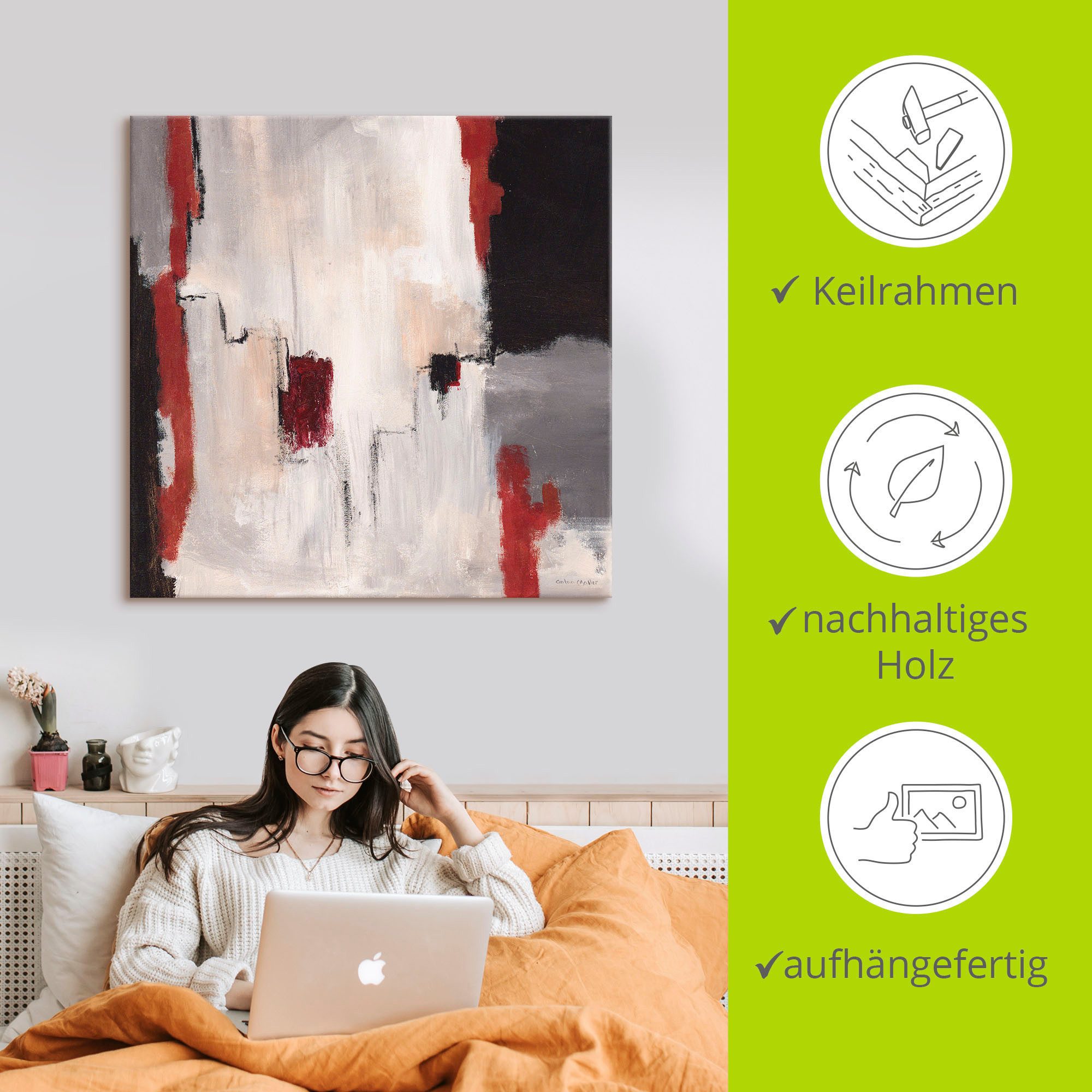 Artland Artprint Rood bij grijs I - abstract als artprint van aluminium, artprint voor buiten, artprint op linnen, poster in verschillende maten. maten