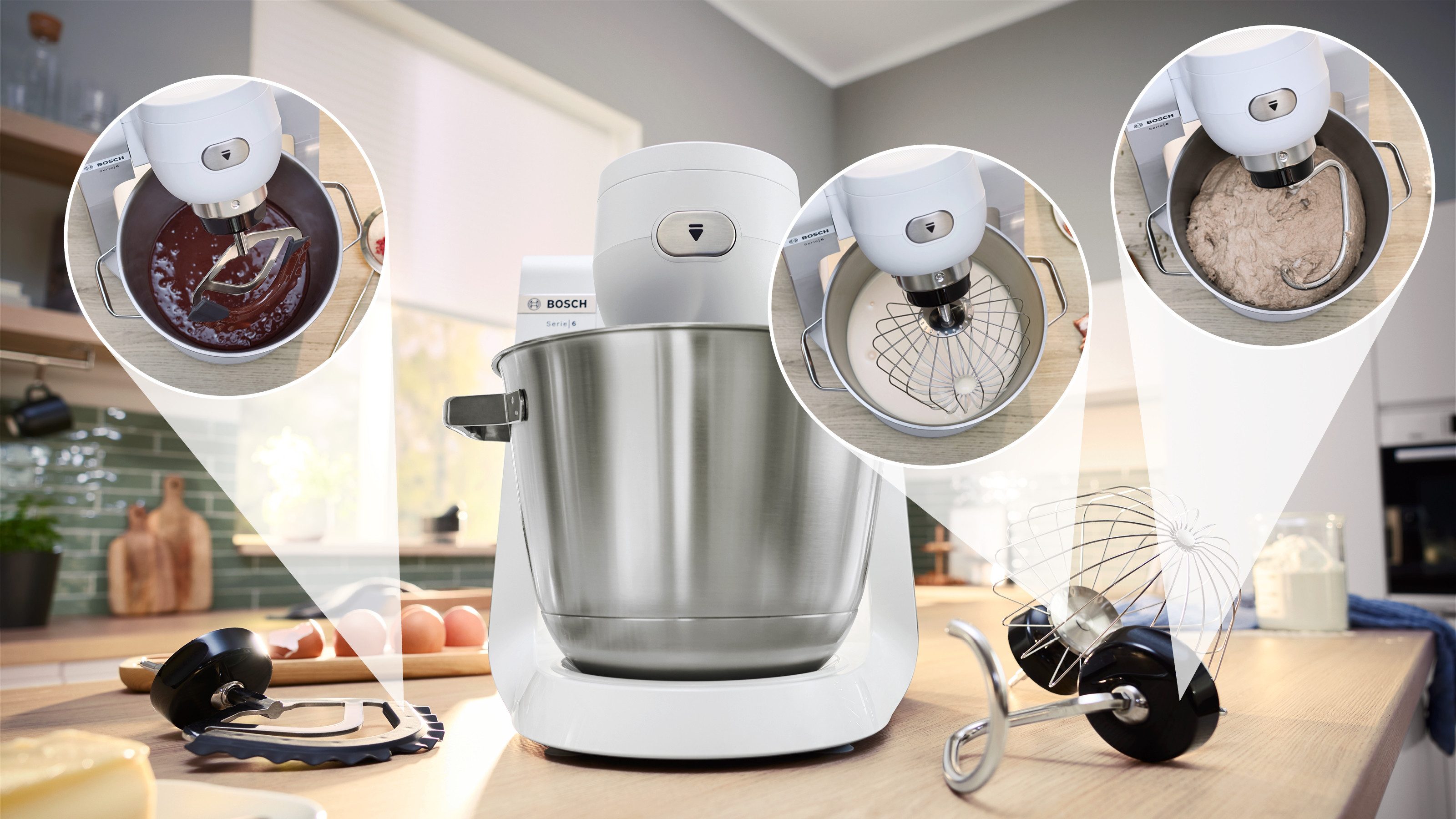 BOSCH Keukenmachine Serie 6 MUMS6EW13D, doorloopsnijder, roestvrijstalen kom, wit 7 standen, 3 schijven, kneedhaak/meng-/siliconen garde, vaatwasmachinebestendig