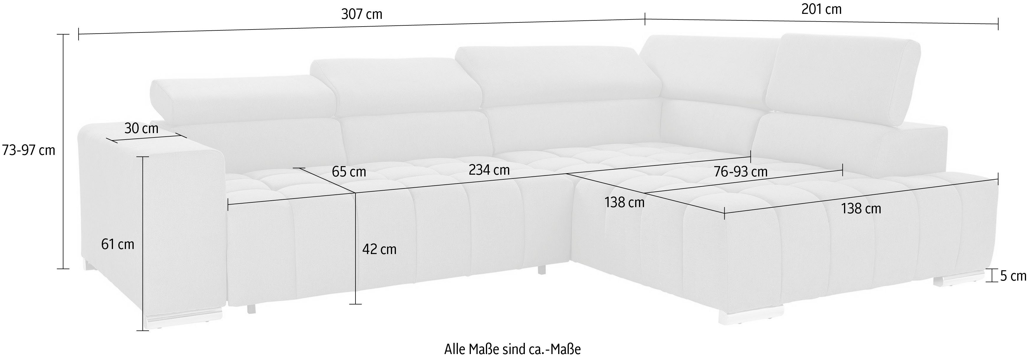 exxpo - sofa fashion Hoekbank Elias, actuele kruissteek in de zitting, comfortabel, L-vorm met verstelbare hoofdsteun resp. rugleuning, naar keuze met slaapfunctie
