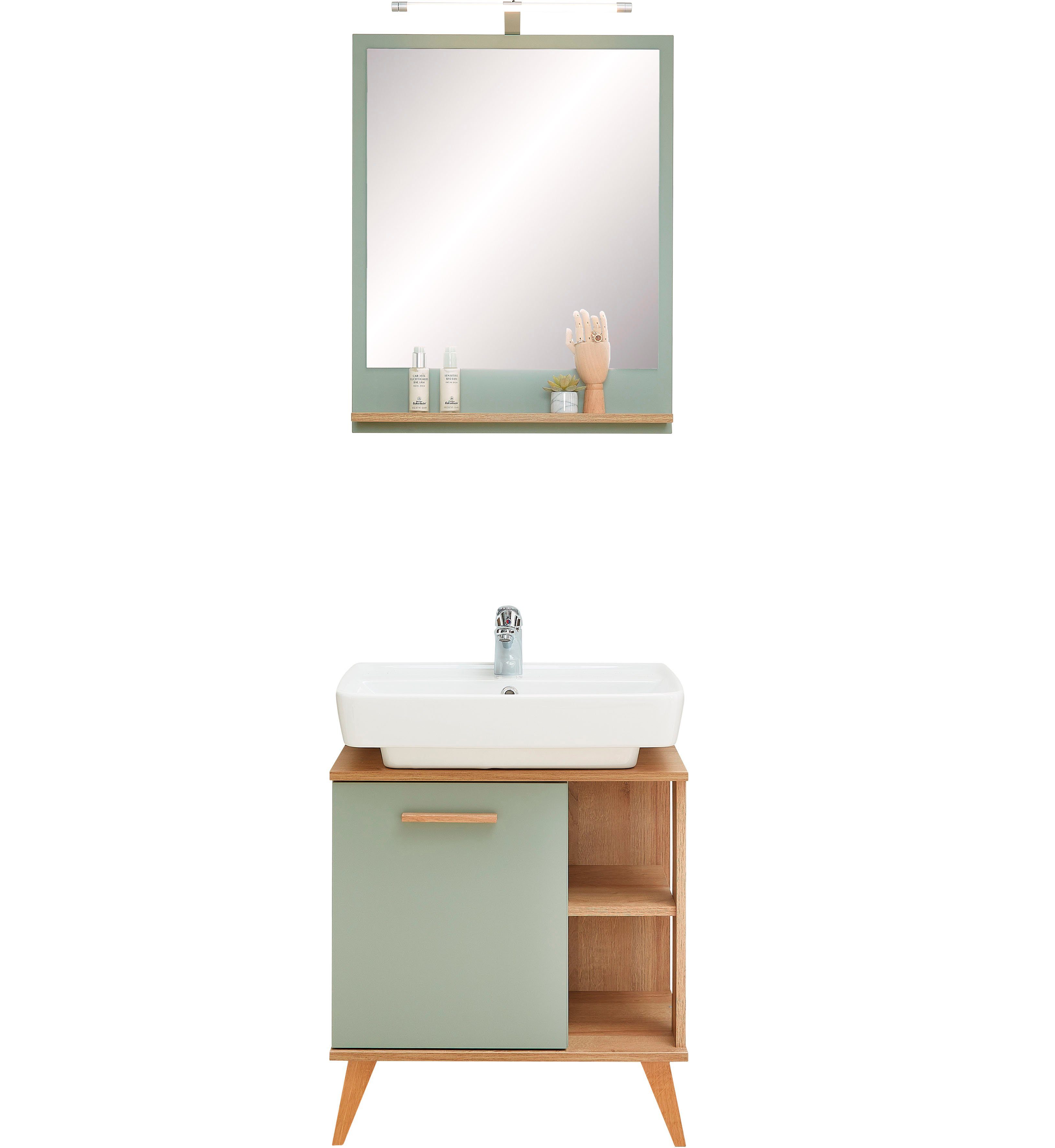 Saphir Badkamerserie Quickset 2-delig, wastafelonderkast met led-spiegel Wastafelmeubel inclusief deurdemper, 60,5 cm breed, 1 deur, opzij legplanken (2-delig)