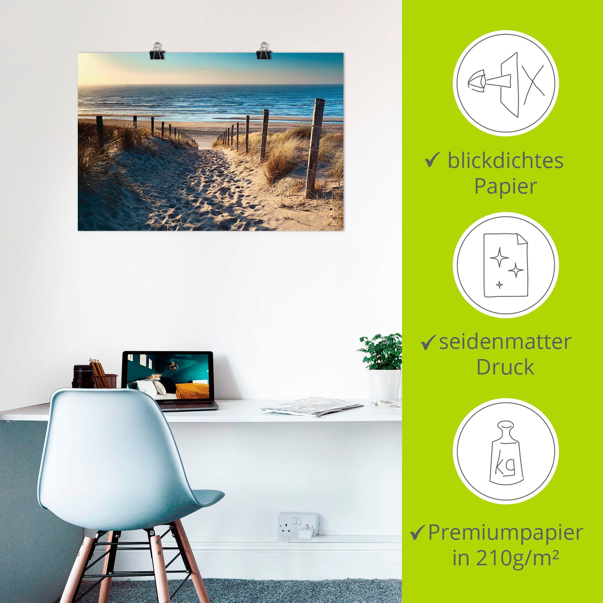 Artland Artprint Weg naar het Noordzeestrand zonsondergang als artprint van aluminium, artprint voor buiten, artprint op linnen, poster, muursticker
