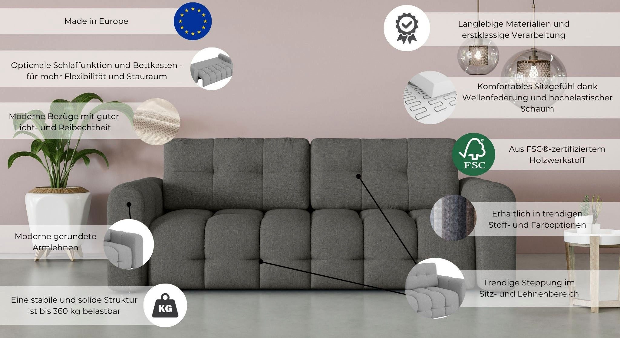INOSIGN 3-zitsbank Manilla, optioneel met bedfunctie, B/D/H 265/117/91 cm met golfondersteuning, in verschillende materialen en kleuren
