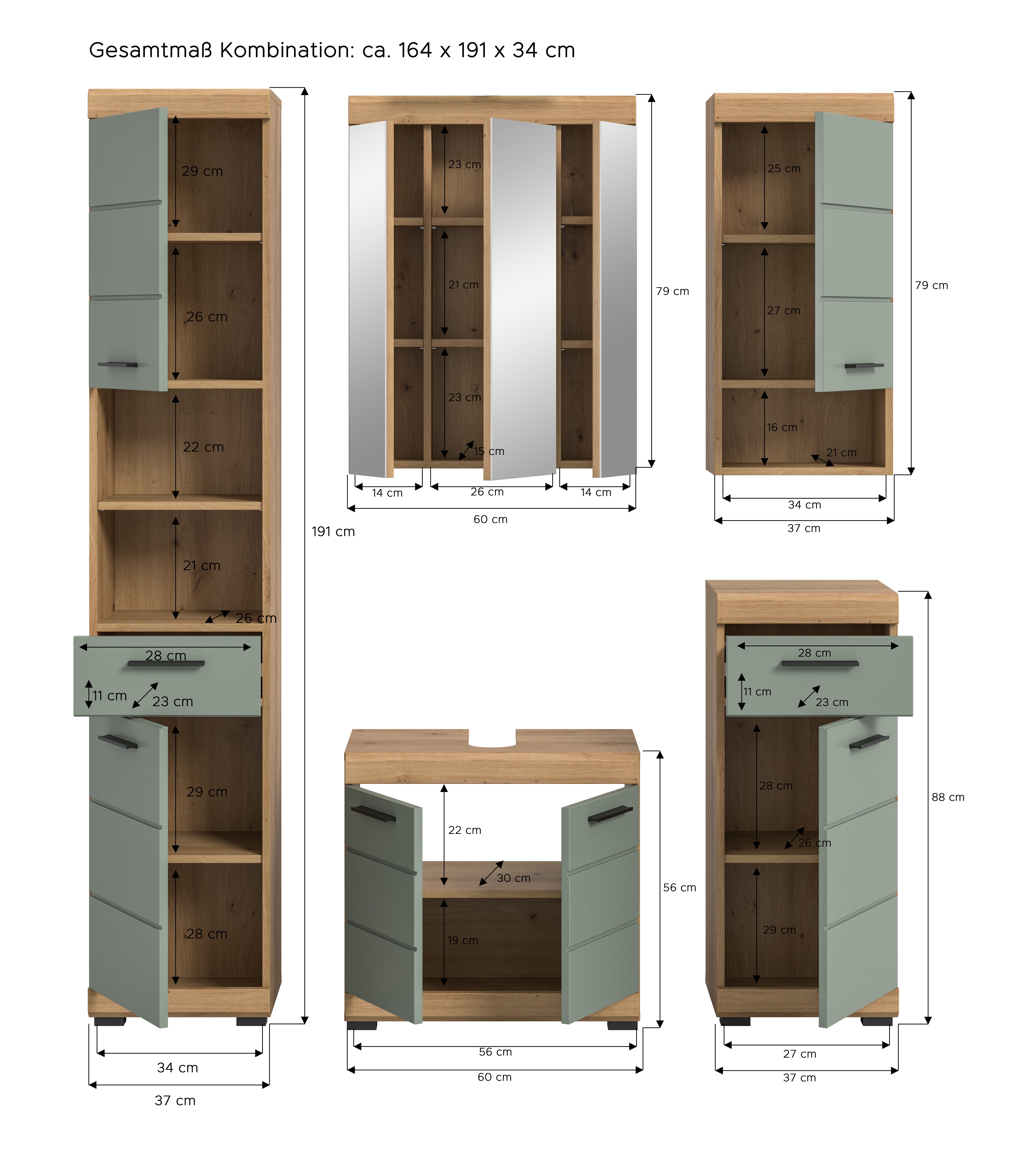 INOSIGN Badkamerserie Siena, 5-delig, bestaande uit: Hoge kast, WBU, spiegelkast, onderkast, hangkast (set, 5 stuks)