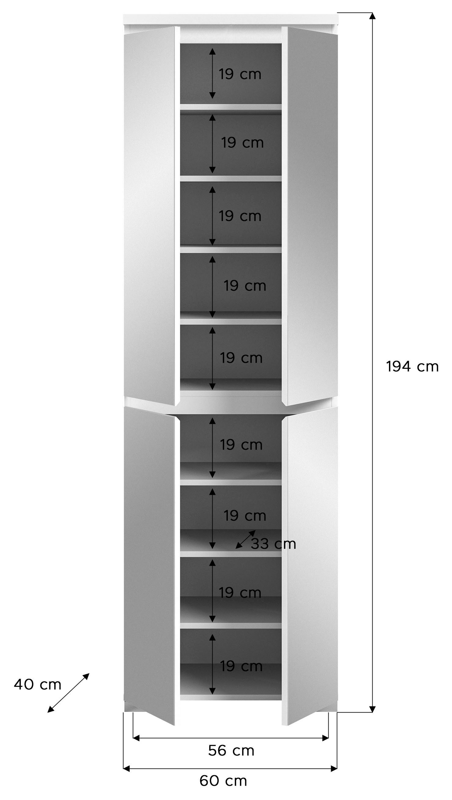 INOSIGN Schoenenkast Skoskap, Diepte 40 cm, 4 Deuren, 9 Vakken, 7 in hoogte verstelbare Planken