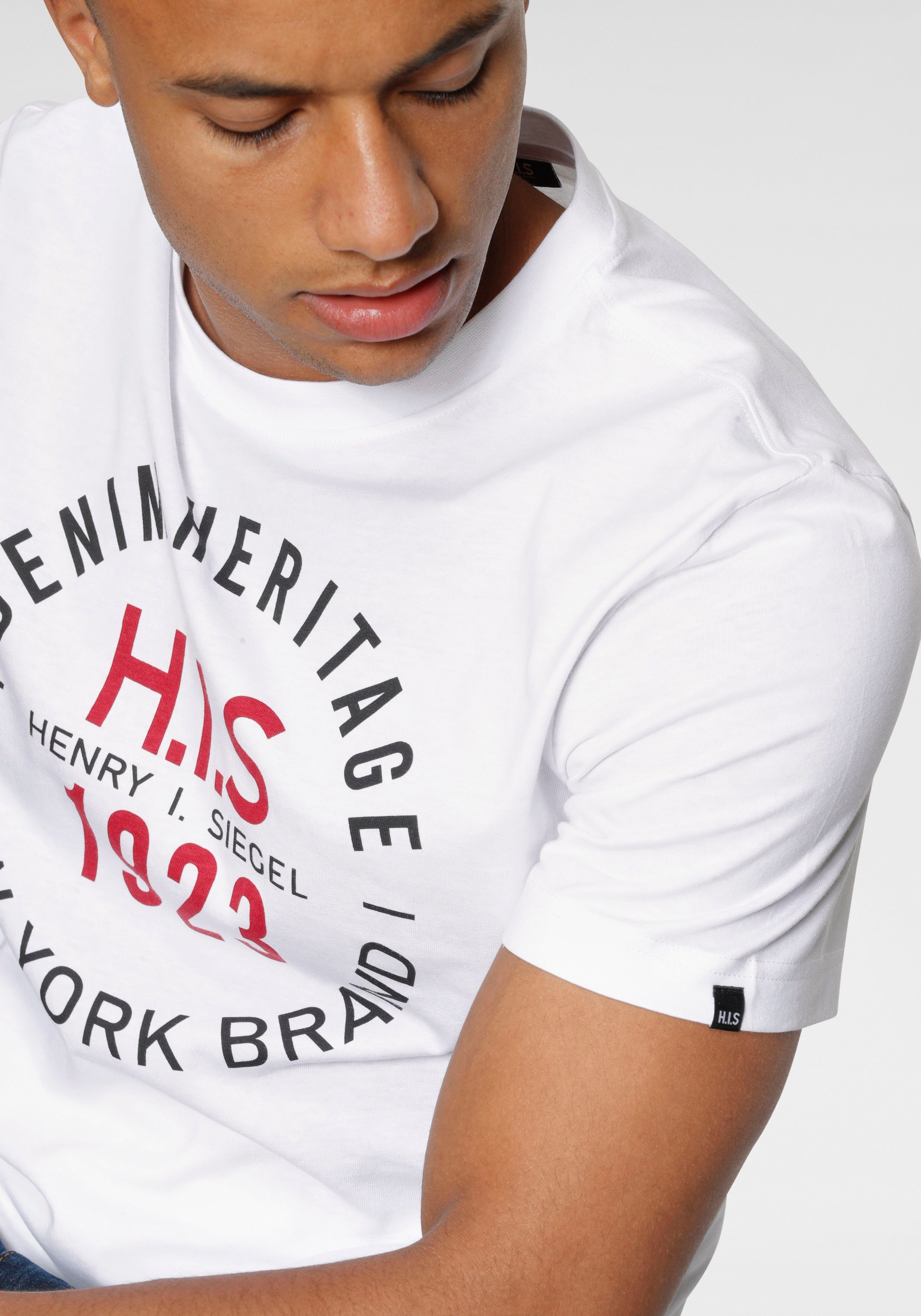 H.I.S Shirt met ronde hals Korte mouwen, smalle pasvorm, met print, ronde hals, van katoen