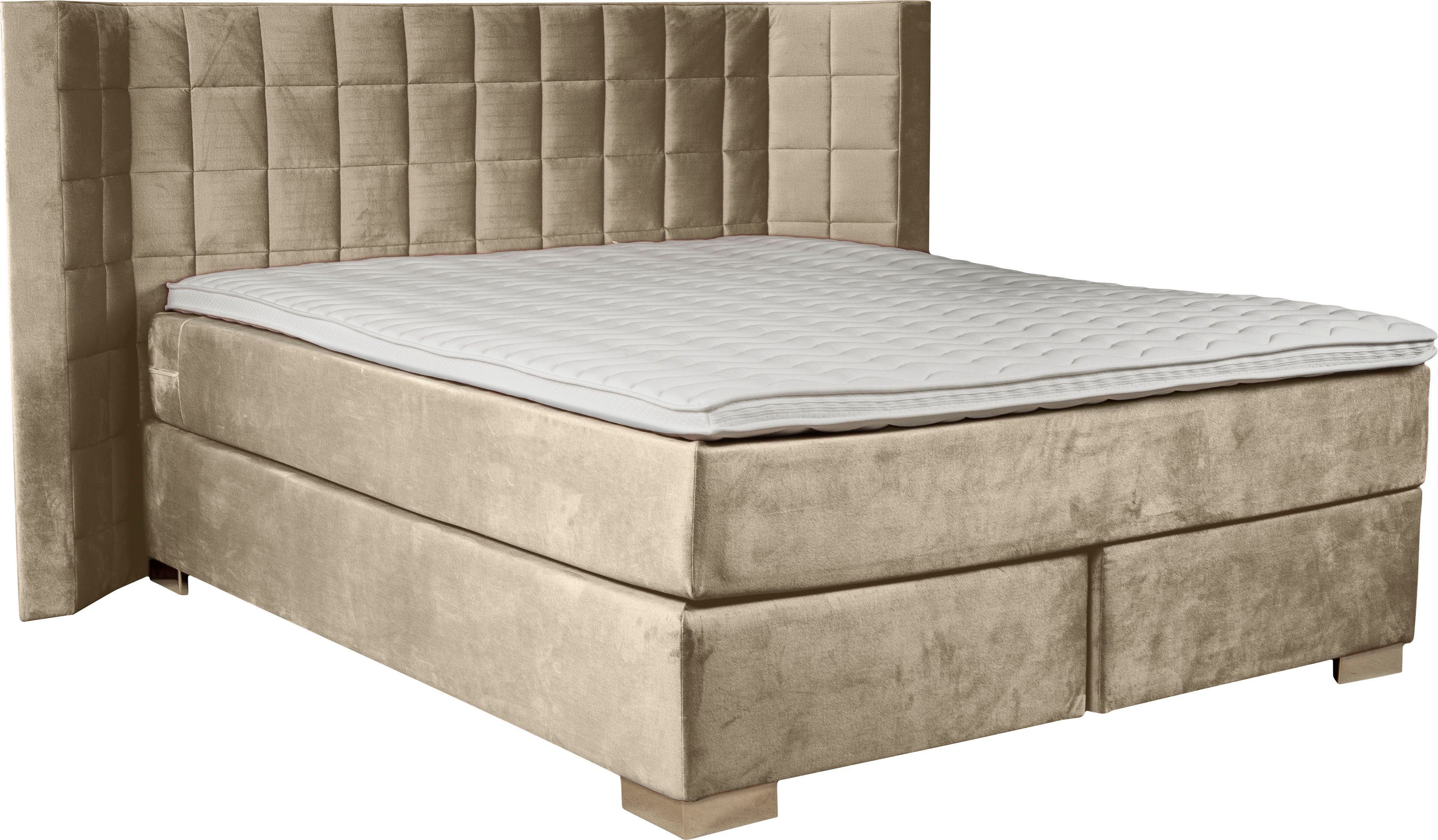 Places of Style Boxspring Piazza met stiksels en hoofdbord met vleugels opzij