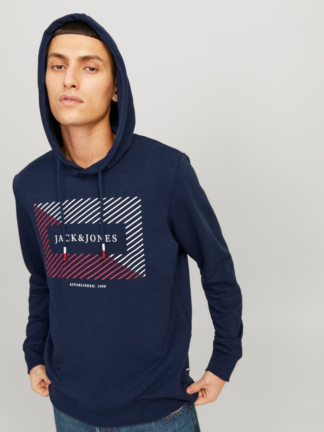 Jack & Jones Hoodie JJCYRUS SWEAT HOOD: Komfortable Baumwollmischung mit coolem Gummidruck (Casual hoodie: basic snit & levendige print)