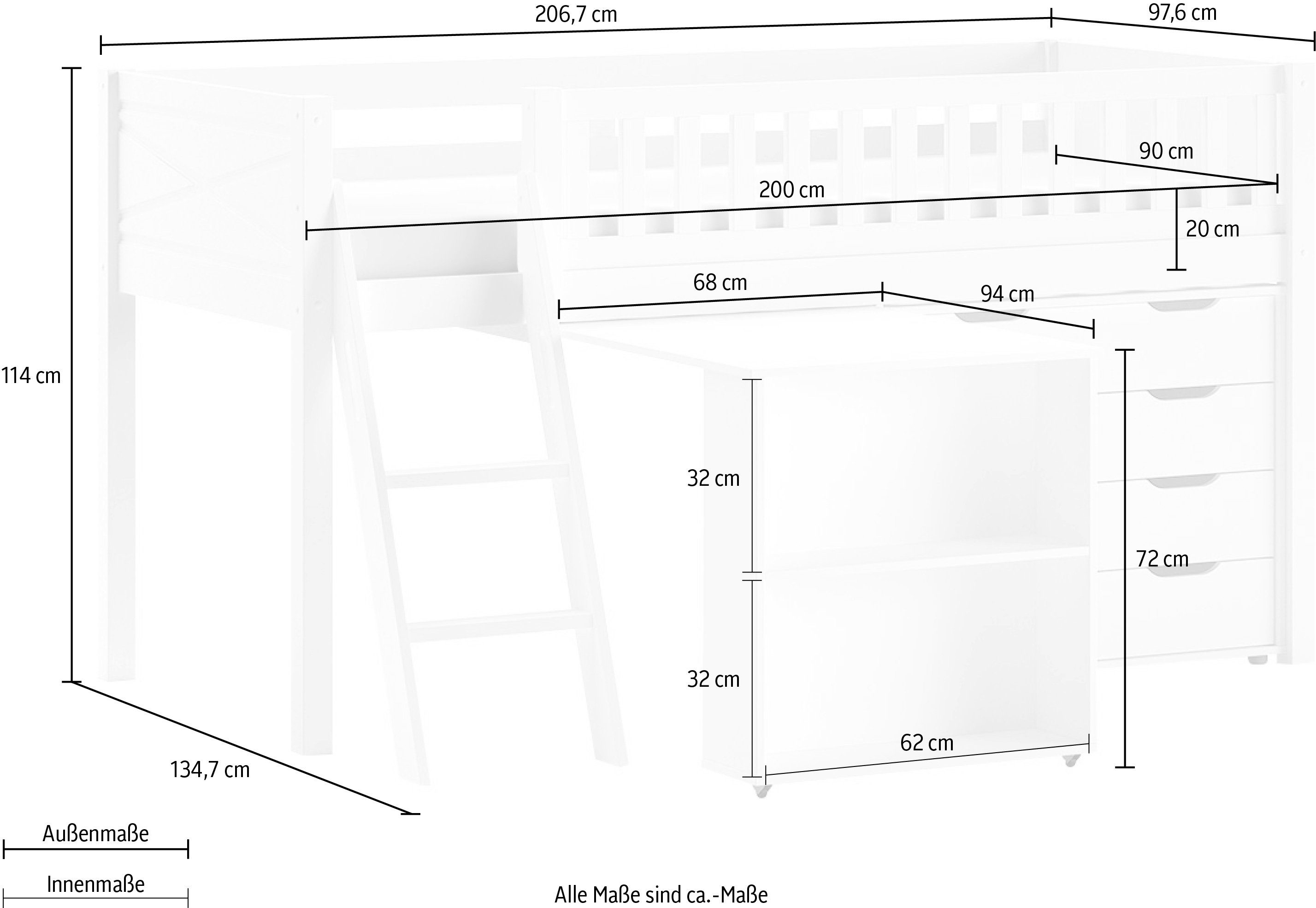 Vipack Speelbed met veel functionaliteit op een kleine ruimte, lf 90x200 cm, grenen wit gelakt