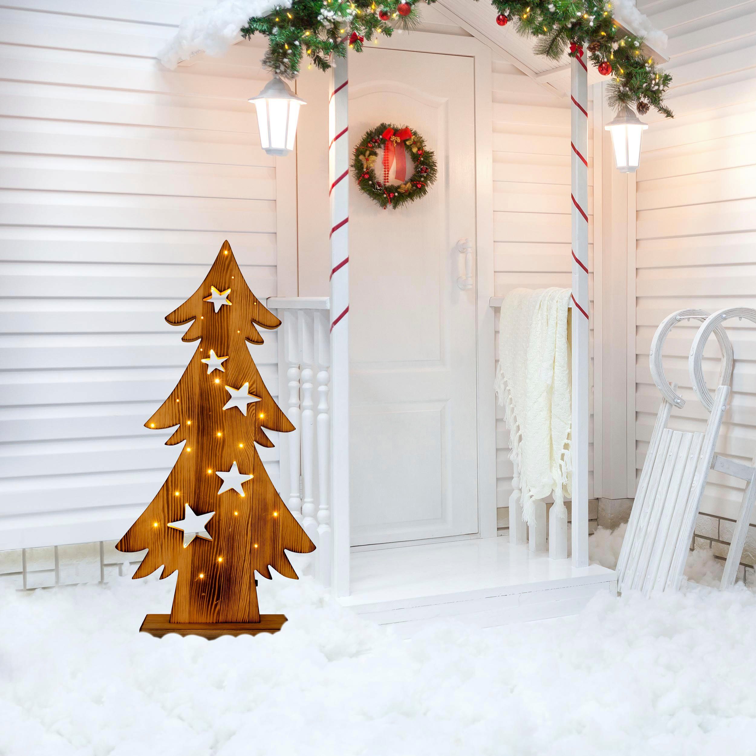 näve Decoratief ledobject Led-houten dennenboom h: 70 cm, kerstversiering buiten Timerfunctie (6on/18off), AA-batterij 1,5V, voor buiten (1 stuk)