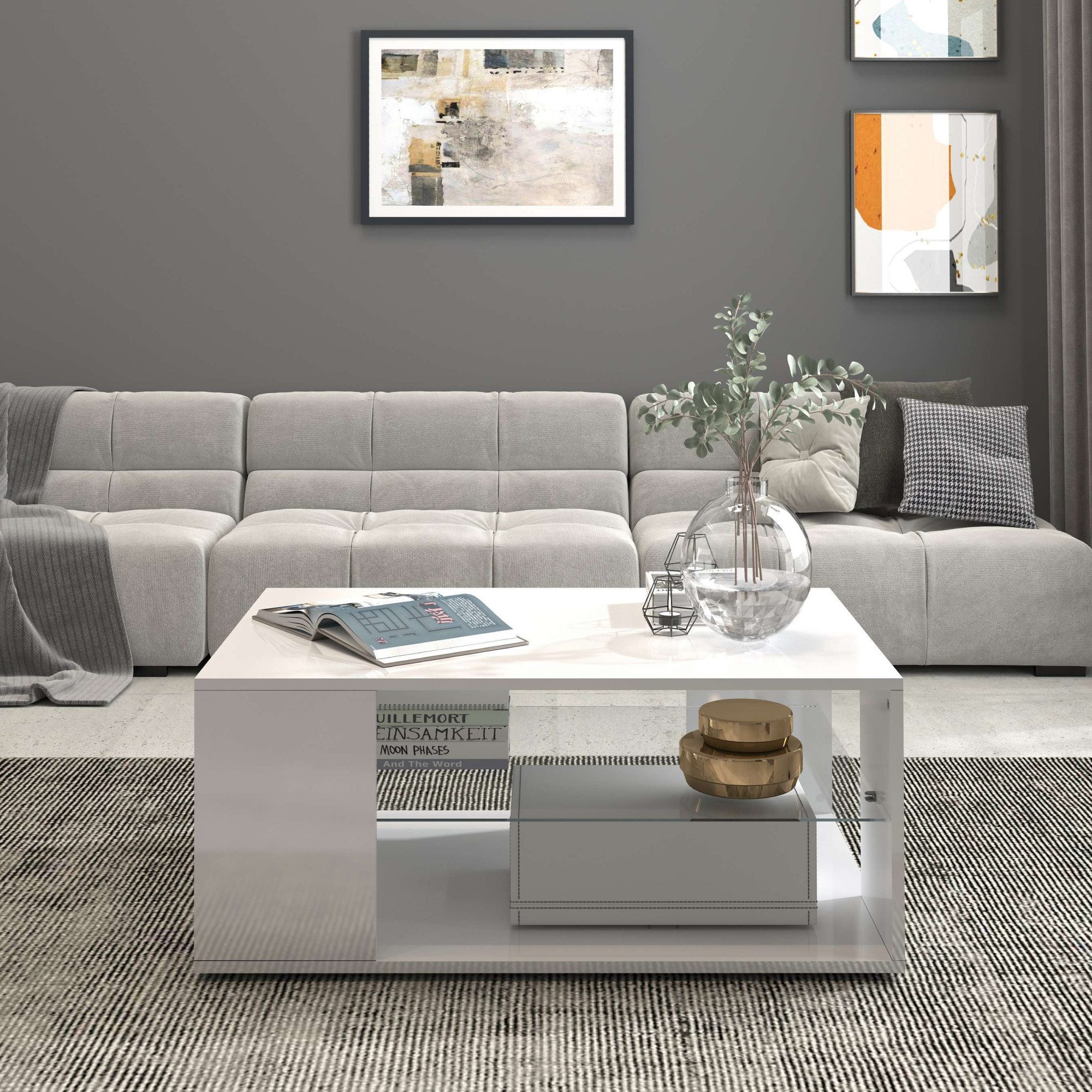 INOSIGN Salontafel Egypt salontafel, salontafel Van glanzend wit gelakt hout, met glazen plank, rechthoekig, breedte 90 cm (1 stuk)