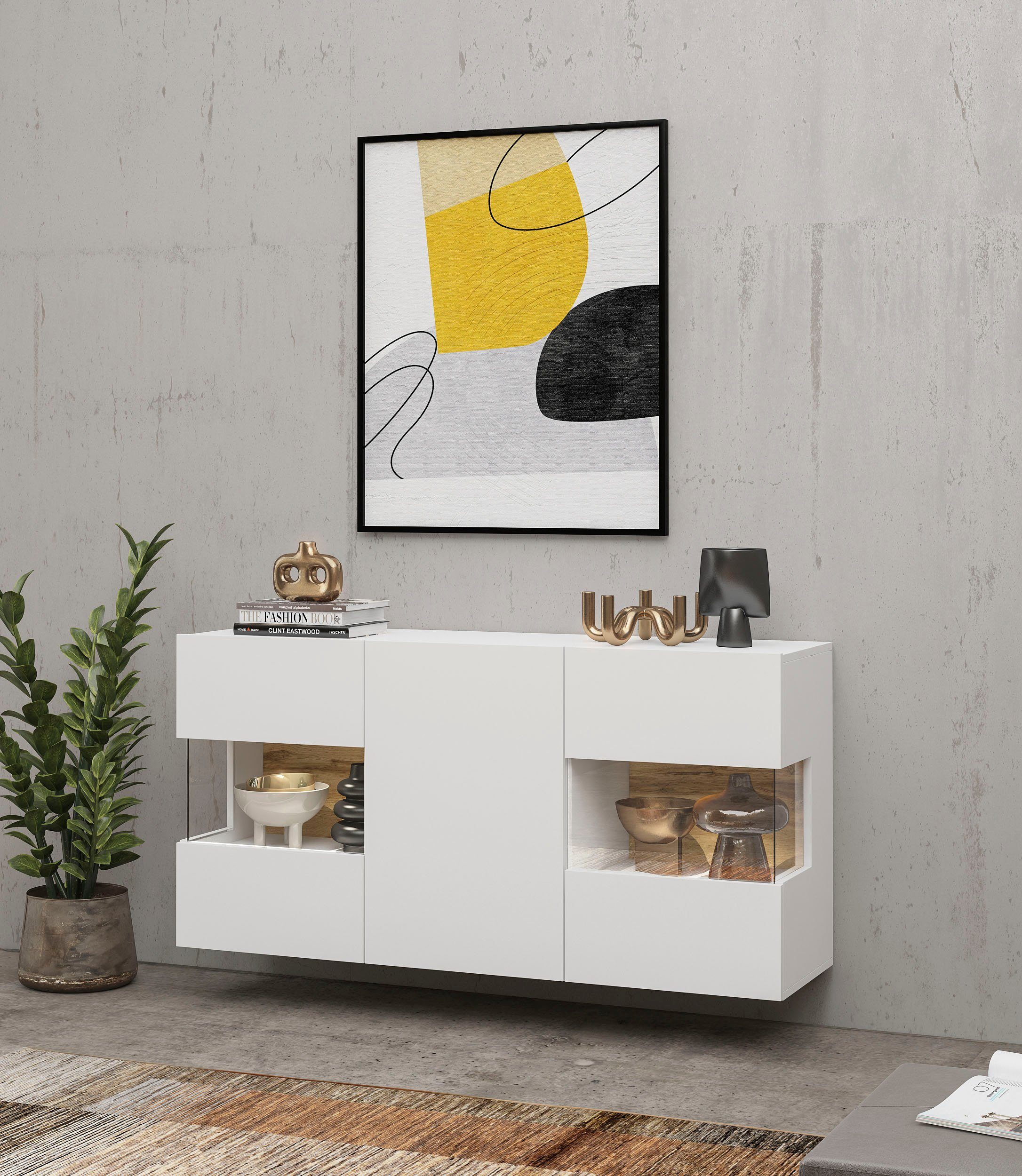INOSIGN Dressoir Ava, breedte 120 cm, hangend en staand te monteren moderne grepless commode, buffet, 3 deuren, hoekverglasingen
