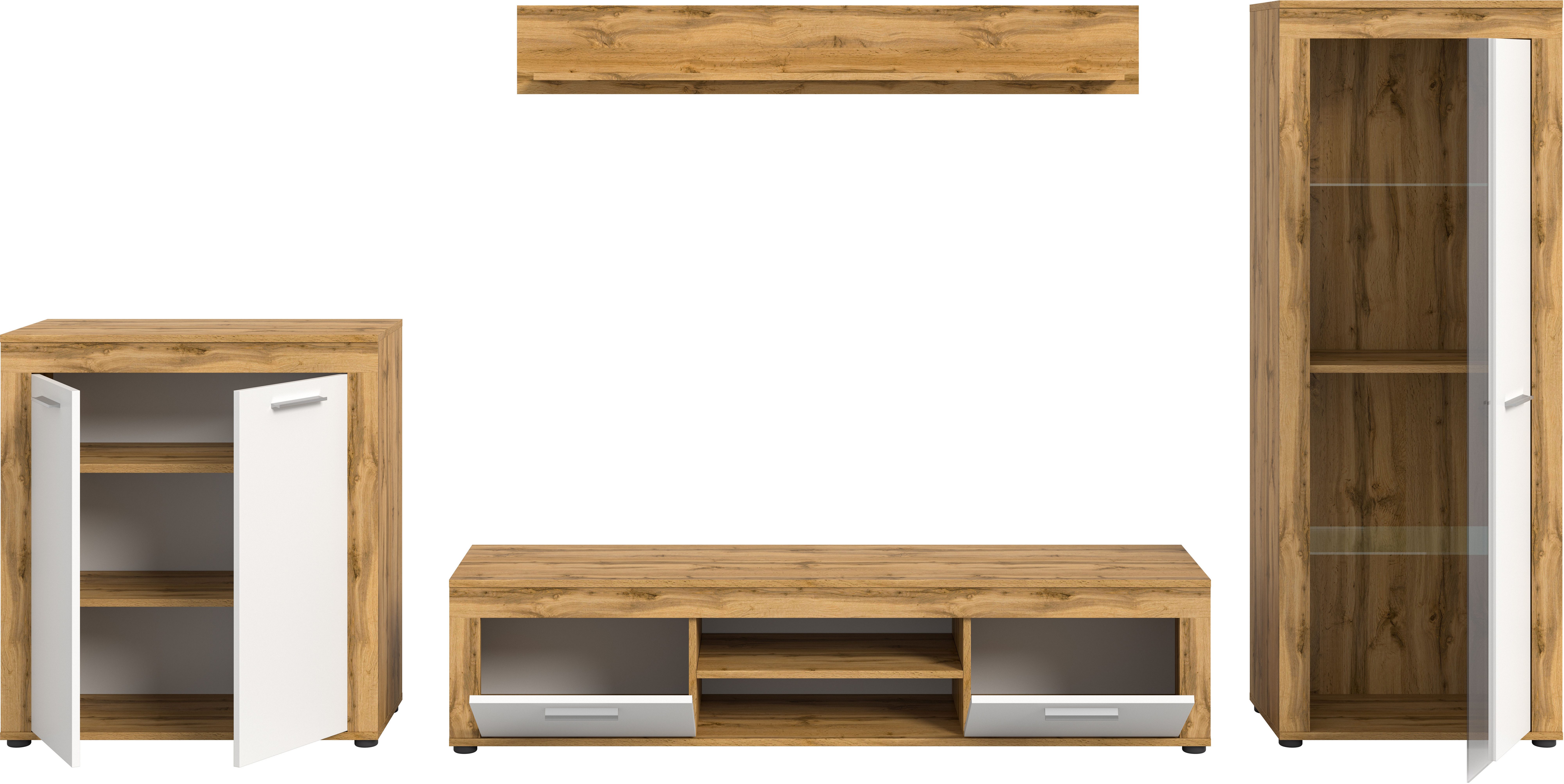INOSIGN Wandmeubel Aosta, Breedte 330cm, bestaand uit Highboard, Lowboard, Wandplank, Vitrine (4 stuks)