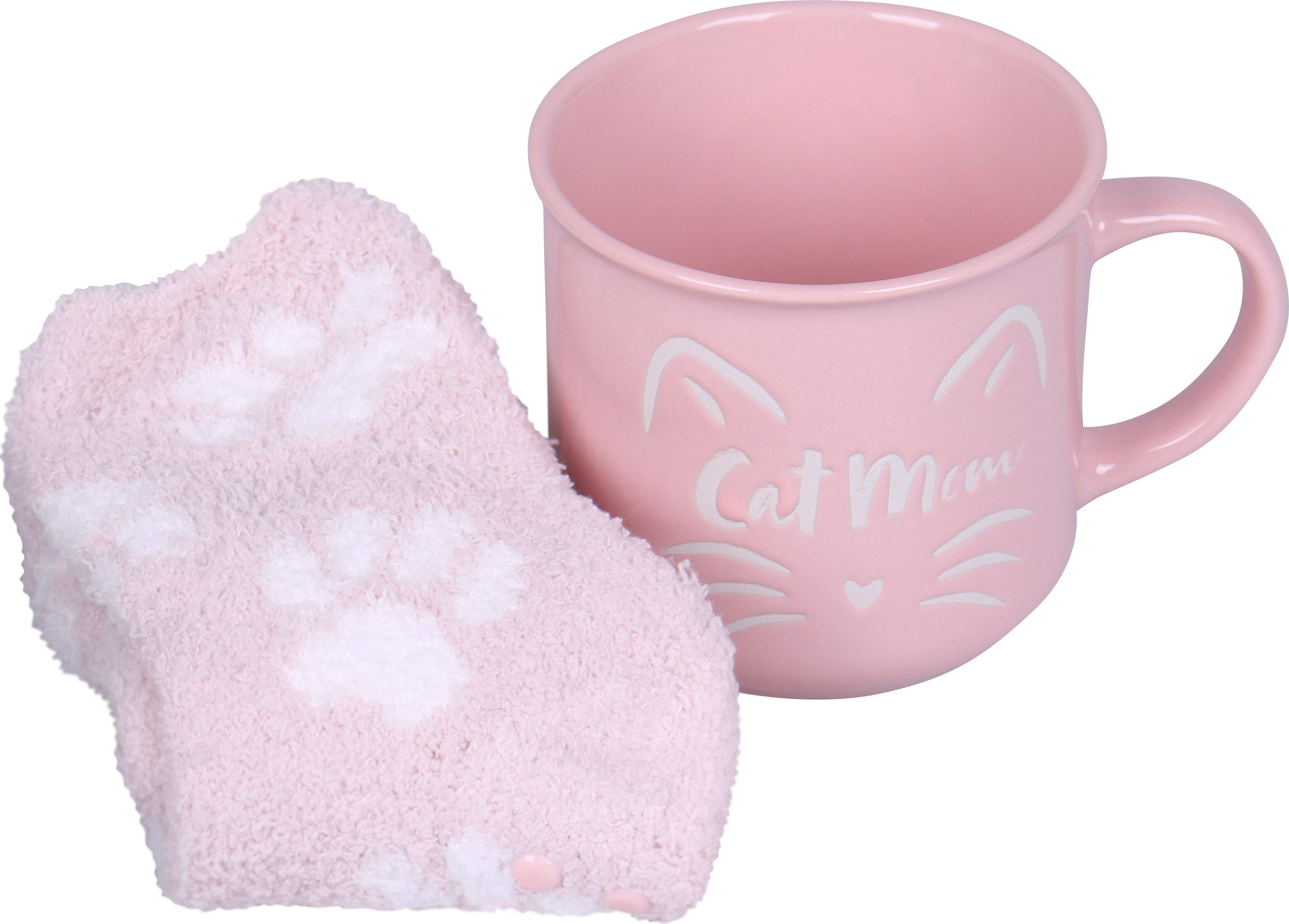 Capelli New York Wellness-sokken Cadeauset met roze knuffelsokken en roze "Cat Mom" mok (1 kopje en 1 paar sokken)