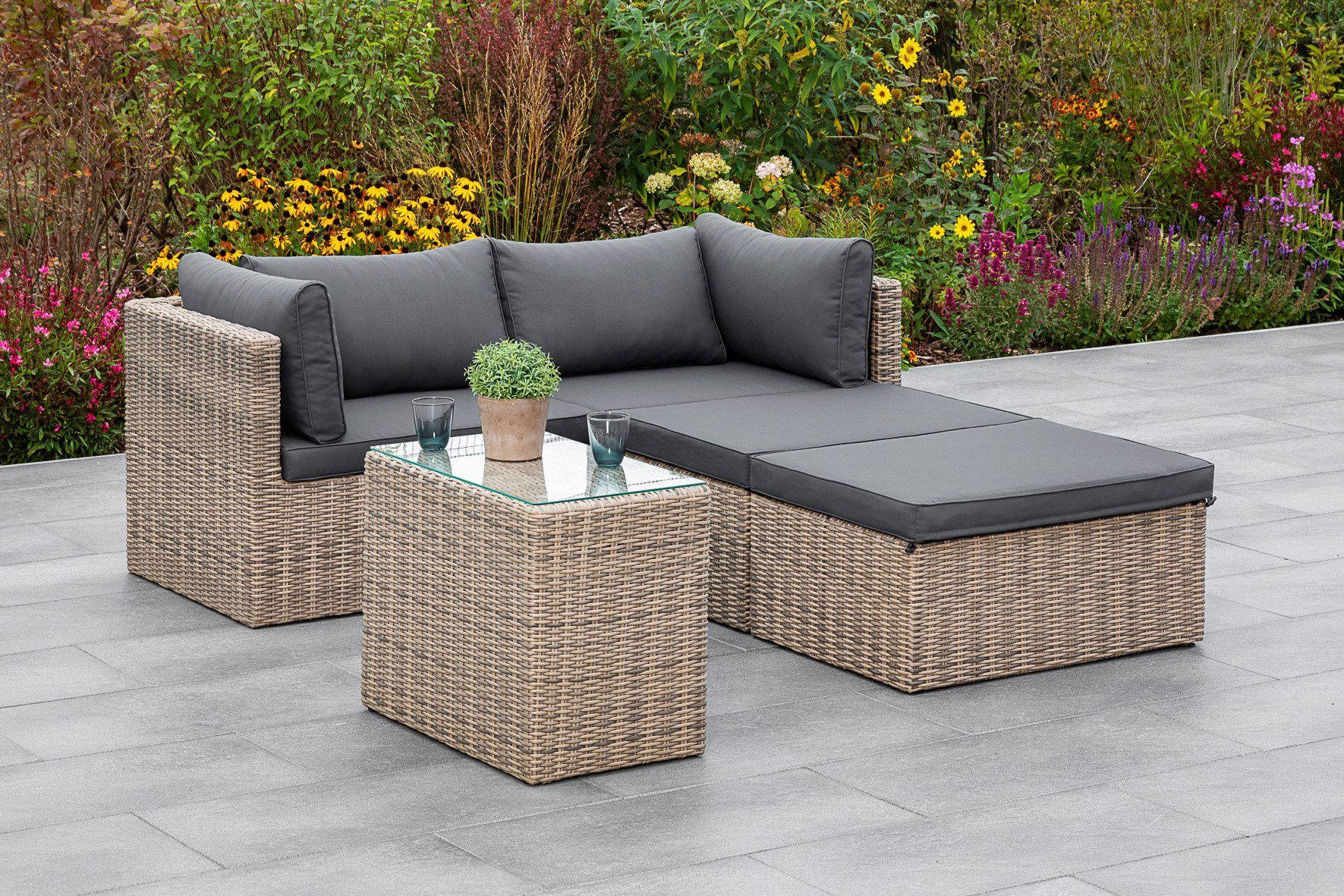 MERXX Tuin-eethoek Licosa 2 fauteuils, 2 hockers, tafel, met kussens, naturelgrijs (5-delig)