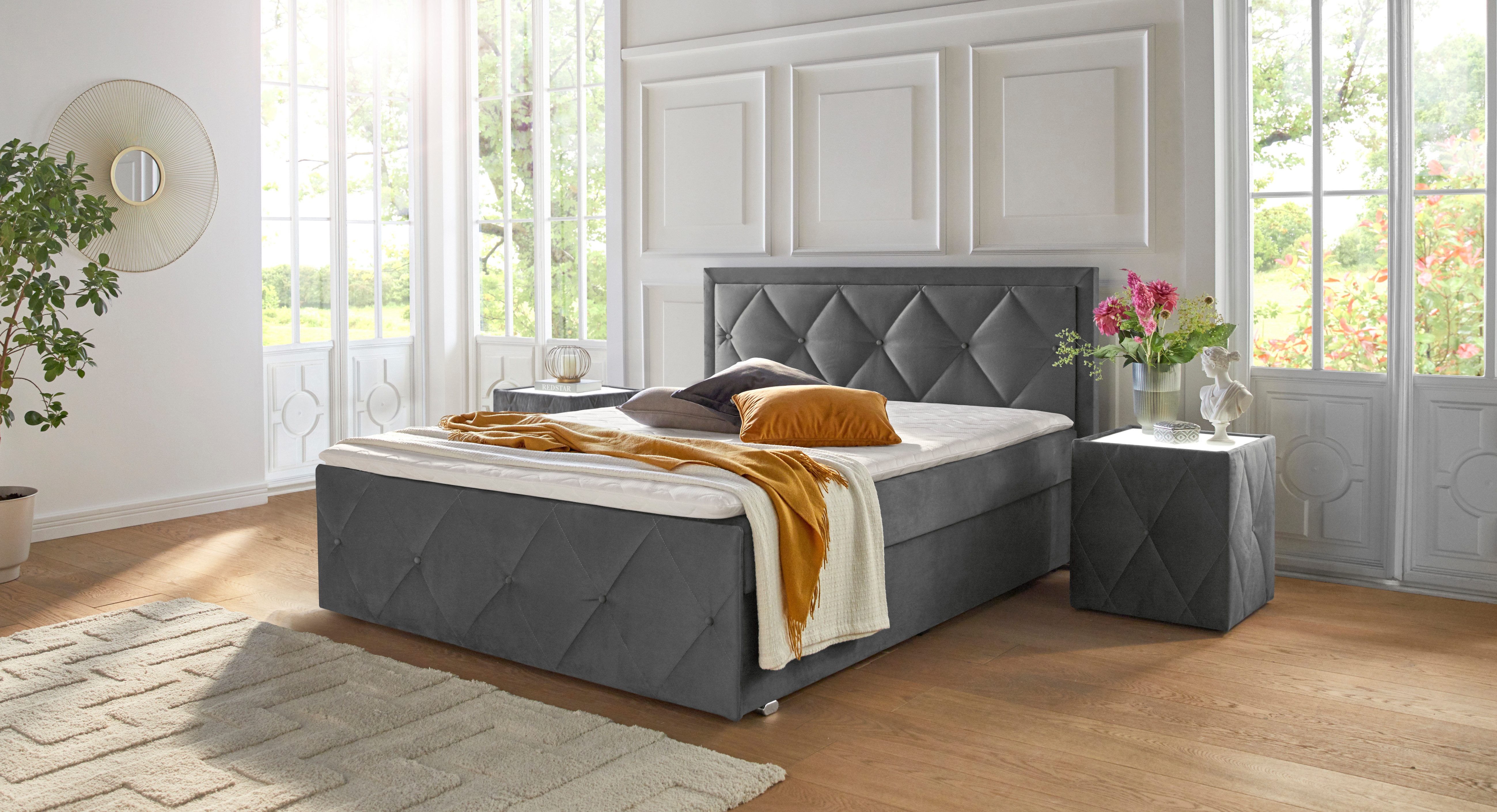 Leonique Boxspring Alfie, bestseller! Inclusief bedlade & topper Optioneel met knoopstiksels of strassstenen, H2, H3 en H4 verkrijgbaar