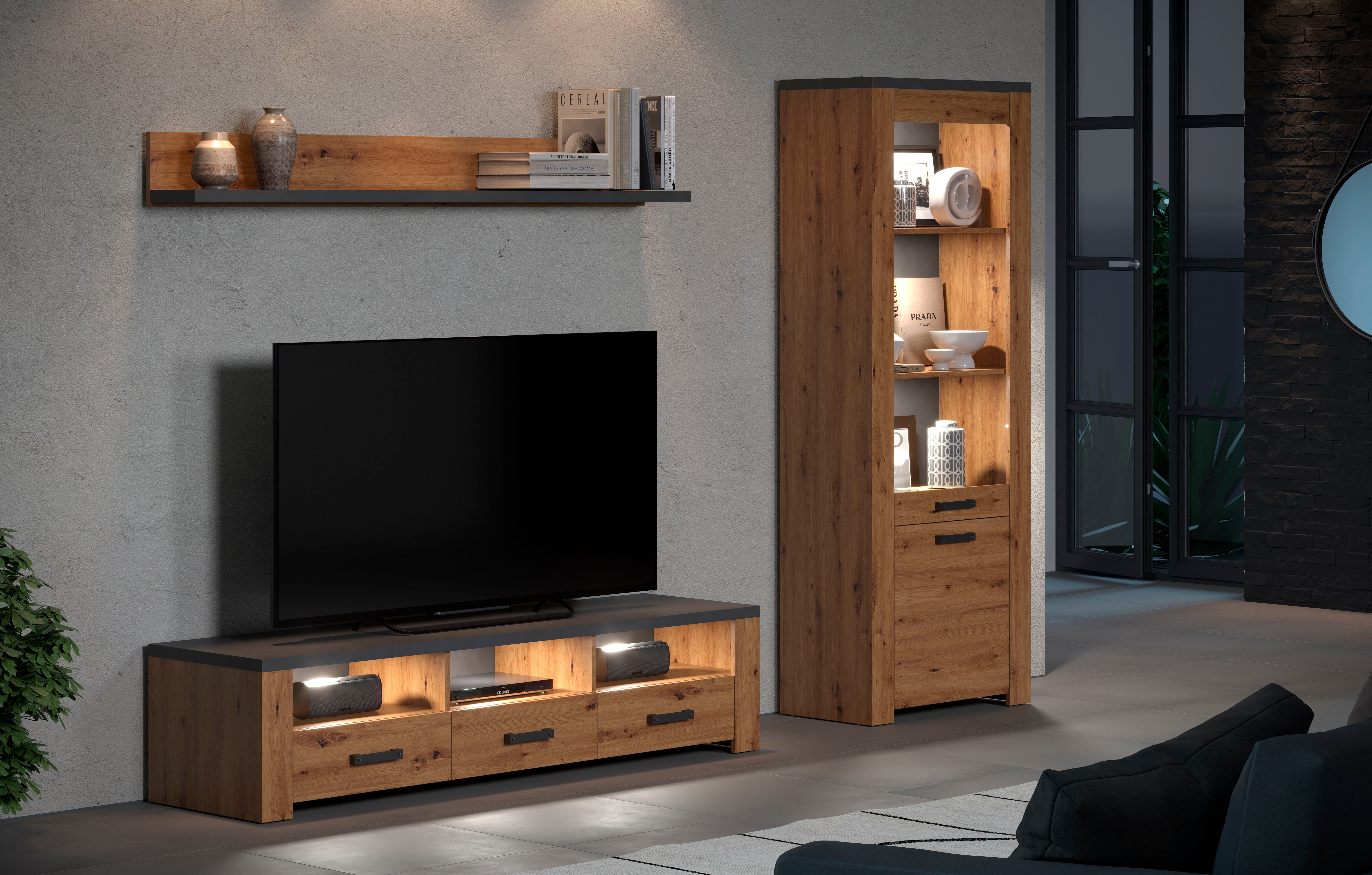 Home affaire Tv-wandmeubel Ambres Kleine, moderne tv-set, look van echt hout, breedte ca. 268 cm, mat (3-delig)