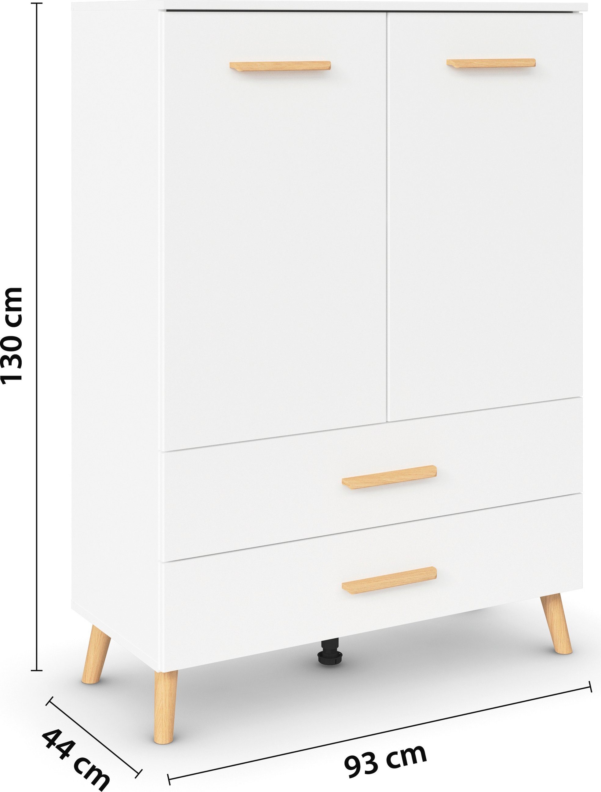 rauch Hoge kast Skandi by Aditio met massief houten grepen, 2 lades met softclose-functie
