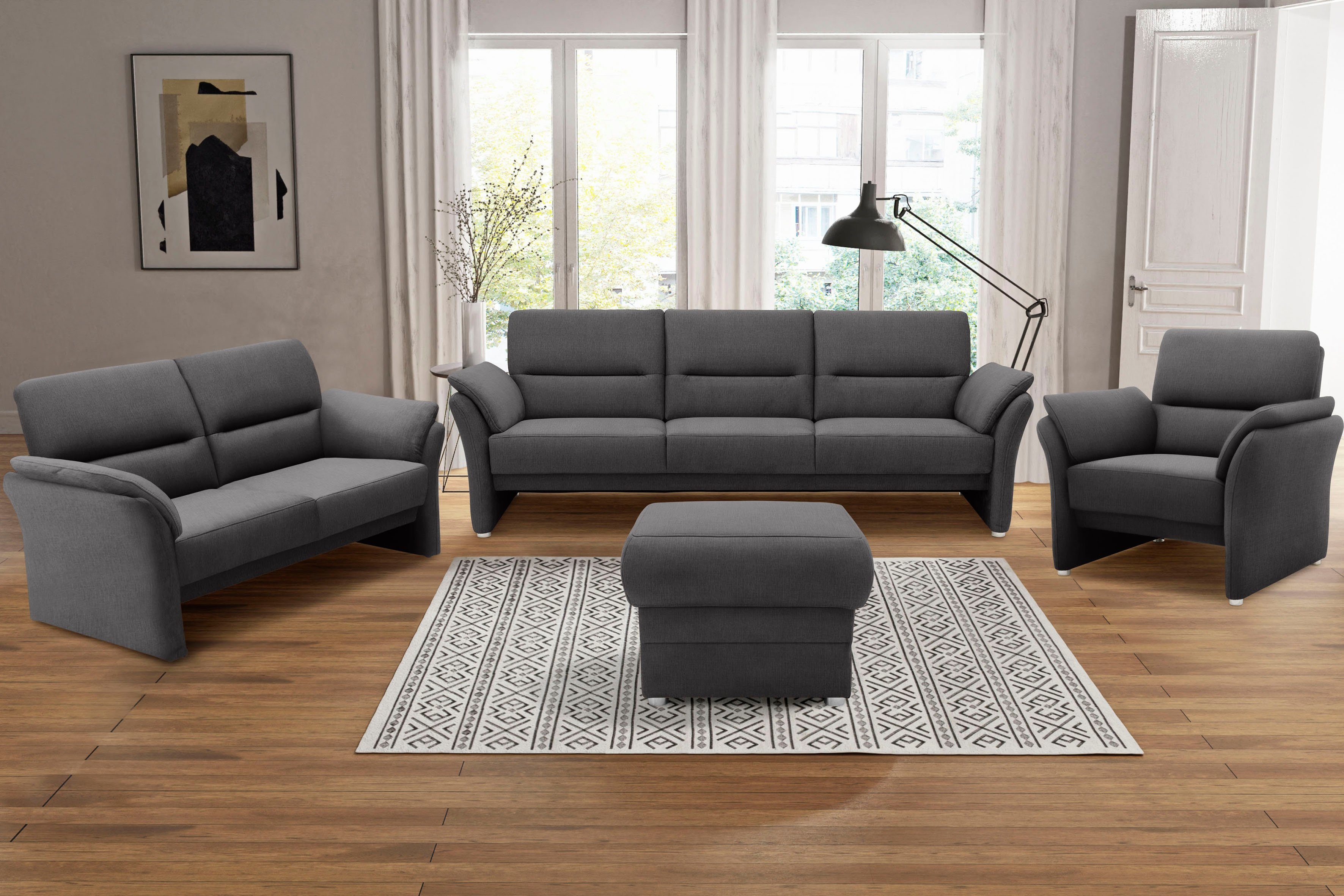 DOMO collection 2-zitsbank Pina elegant en tijdloos, smalle armleuningen, compacte afmetingen grijs, 2-zitsbanken