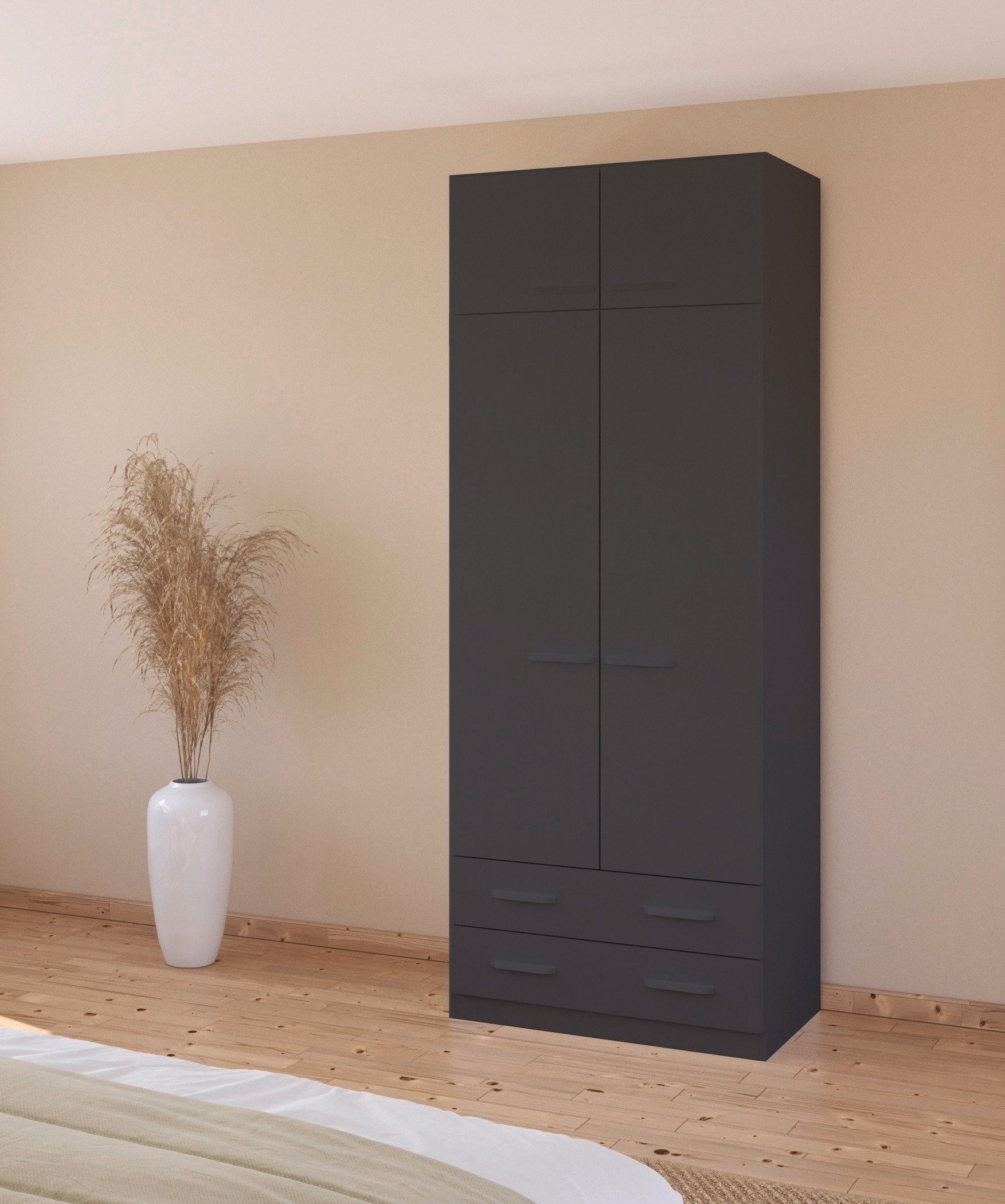 rauch Draaideurkast Prandon B met 2 lades en opbouw-element, metalen grepen dwars (set, 2 stuks) kledingkasten grijs