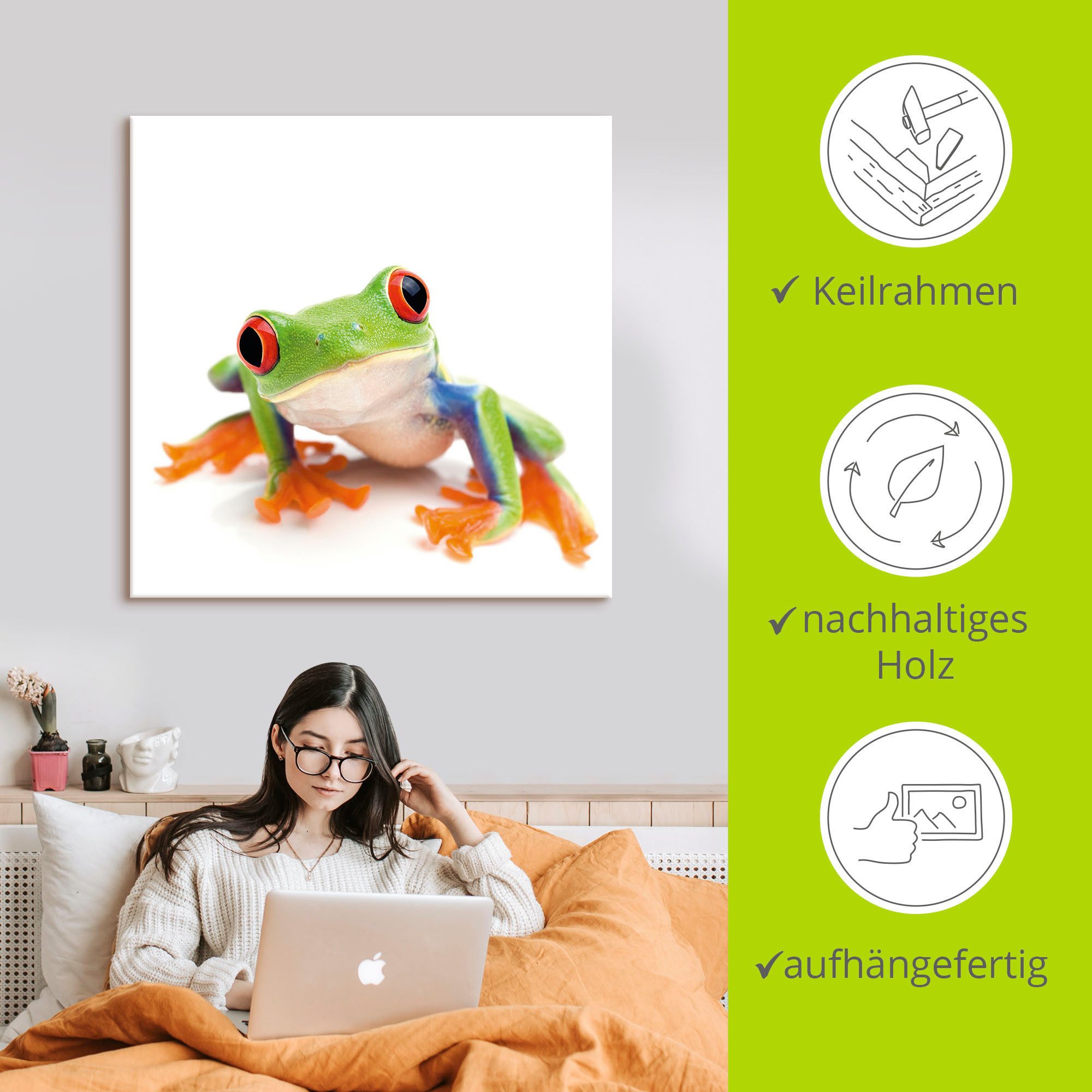 Artland Artprint Close up van een kikker voor wit als artprint van aluminium, artprint voor buiten, artprint op linnen in verschillende maten