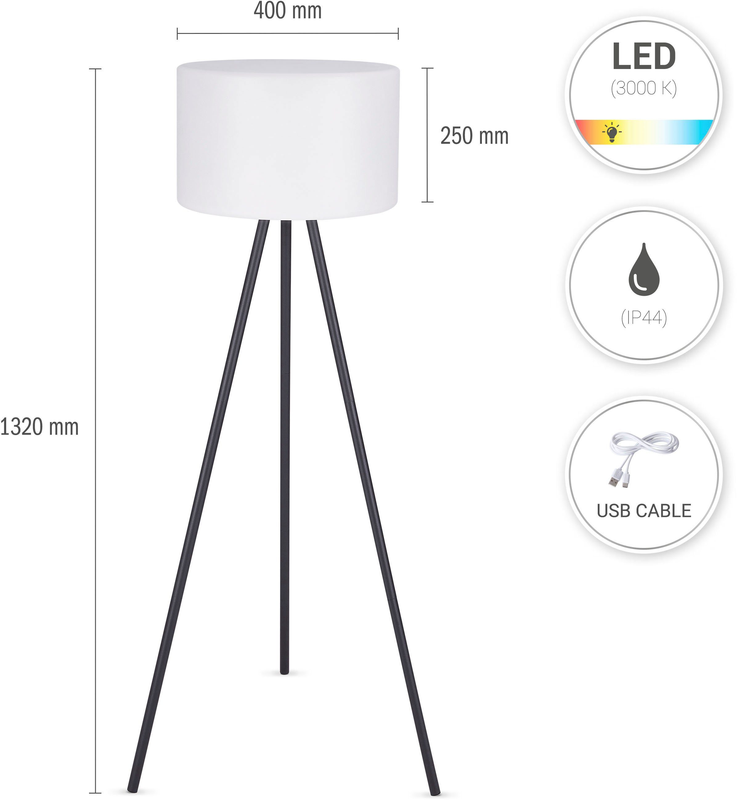 Paco Home Staande lamp BRUCE LED binnen- en buiten tuin terras oplaadbare accu balkon driepoot