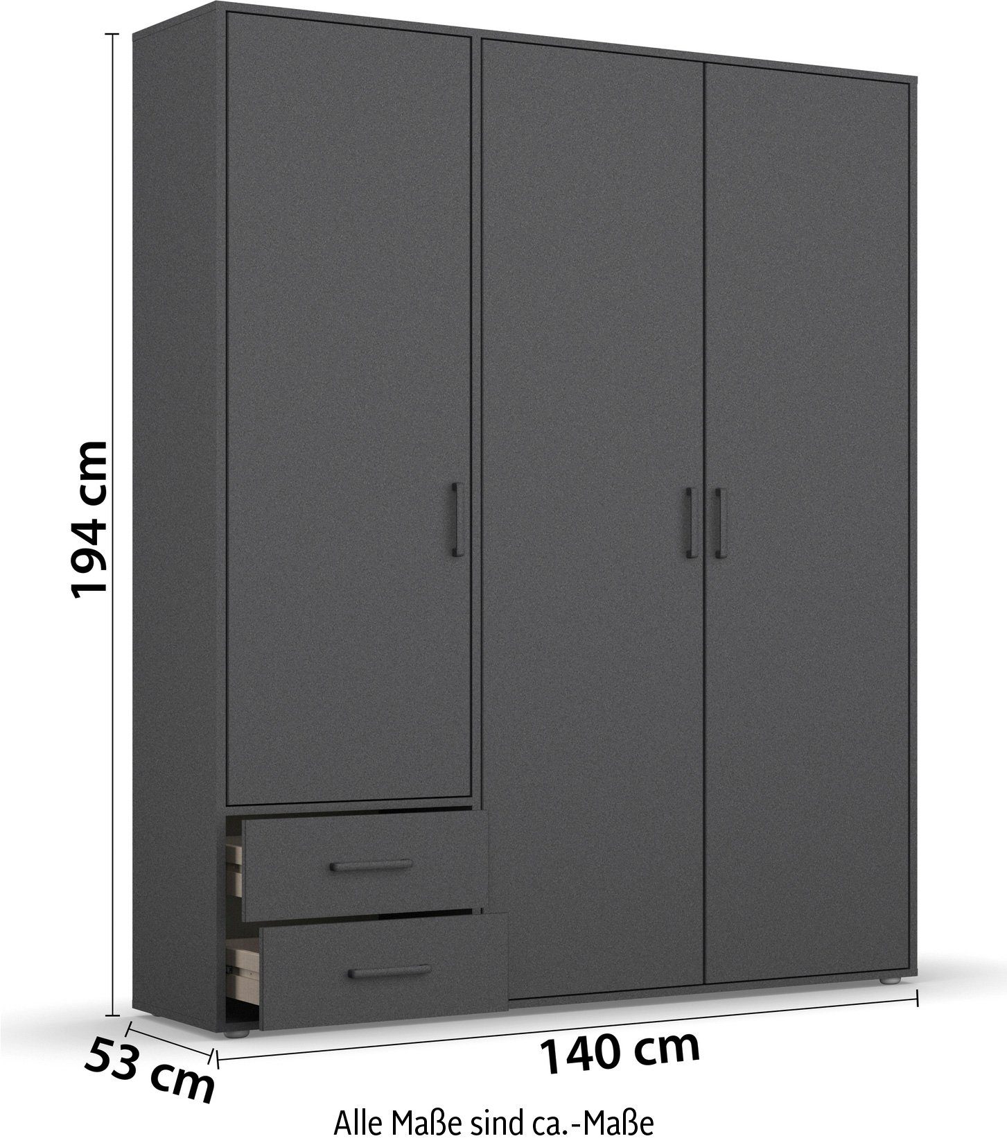 rauch Draaideurkast Voyager, kledingkast met buitenladen, garderobe moderne grepen in grijs metallic met buitenlades made in germany